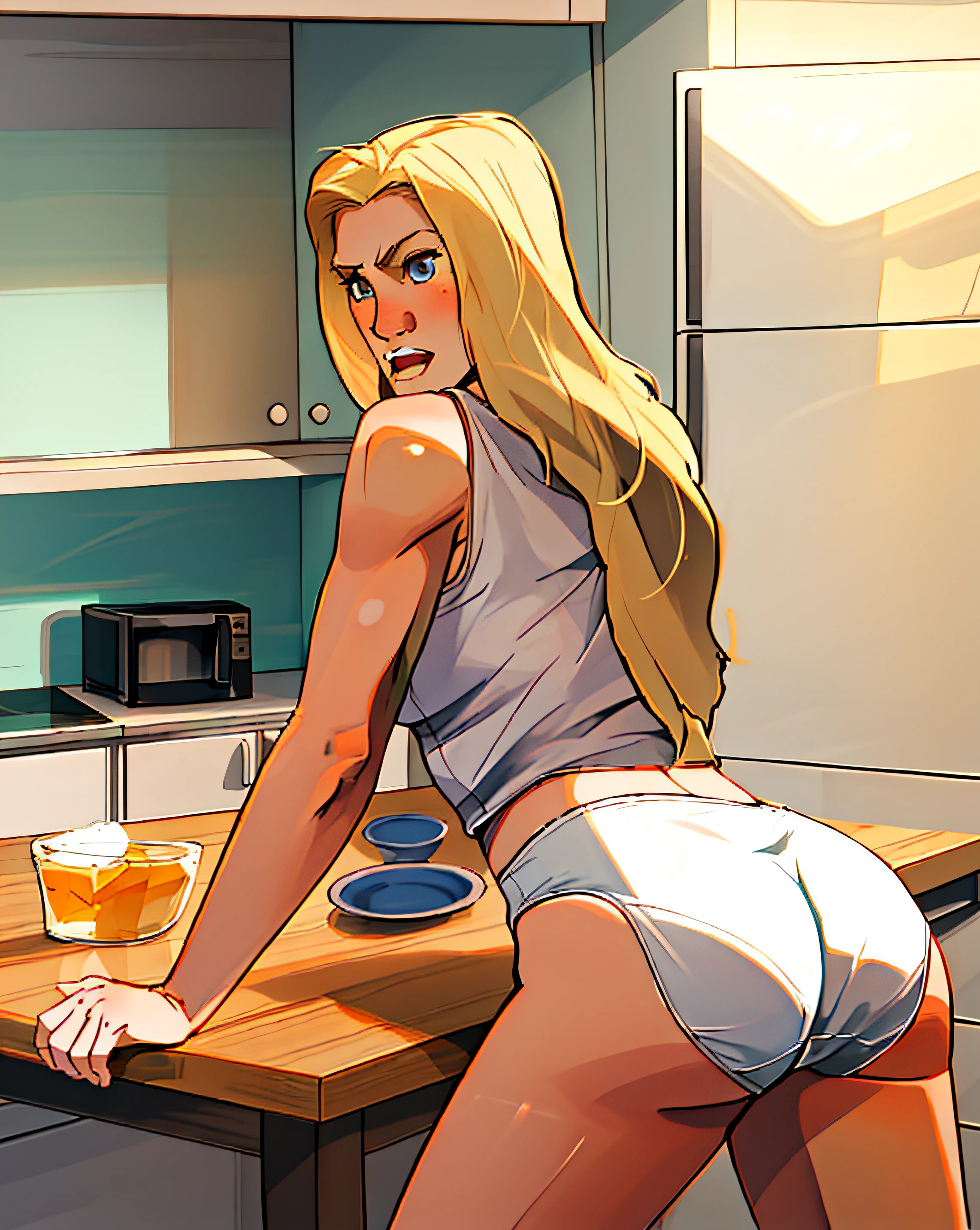 Buff blonde woman, in kitchen, in white tank-top, white cotton panties, gripping a kitchen table, startled expression, anime art style, intricate details