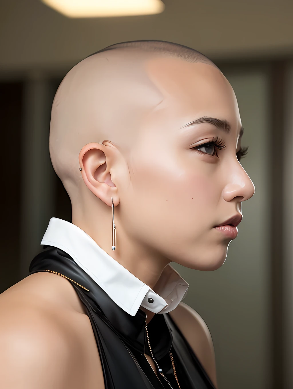 ((Hairstyle is shaved head, skinhead)), (Japan female), age 40, 8K, photorealistic, photorealism, portrait, 85mm lens, depth of field, skin luster is delicate, eyes are brown, eyes are raised, slightly off, lips are plump, chubby, (Yuko Oshima), white corset, connected by a chain from the earlobe to the nose, Large dog wearing a collar, professional-level lighting, (profile)
