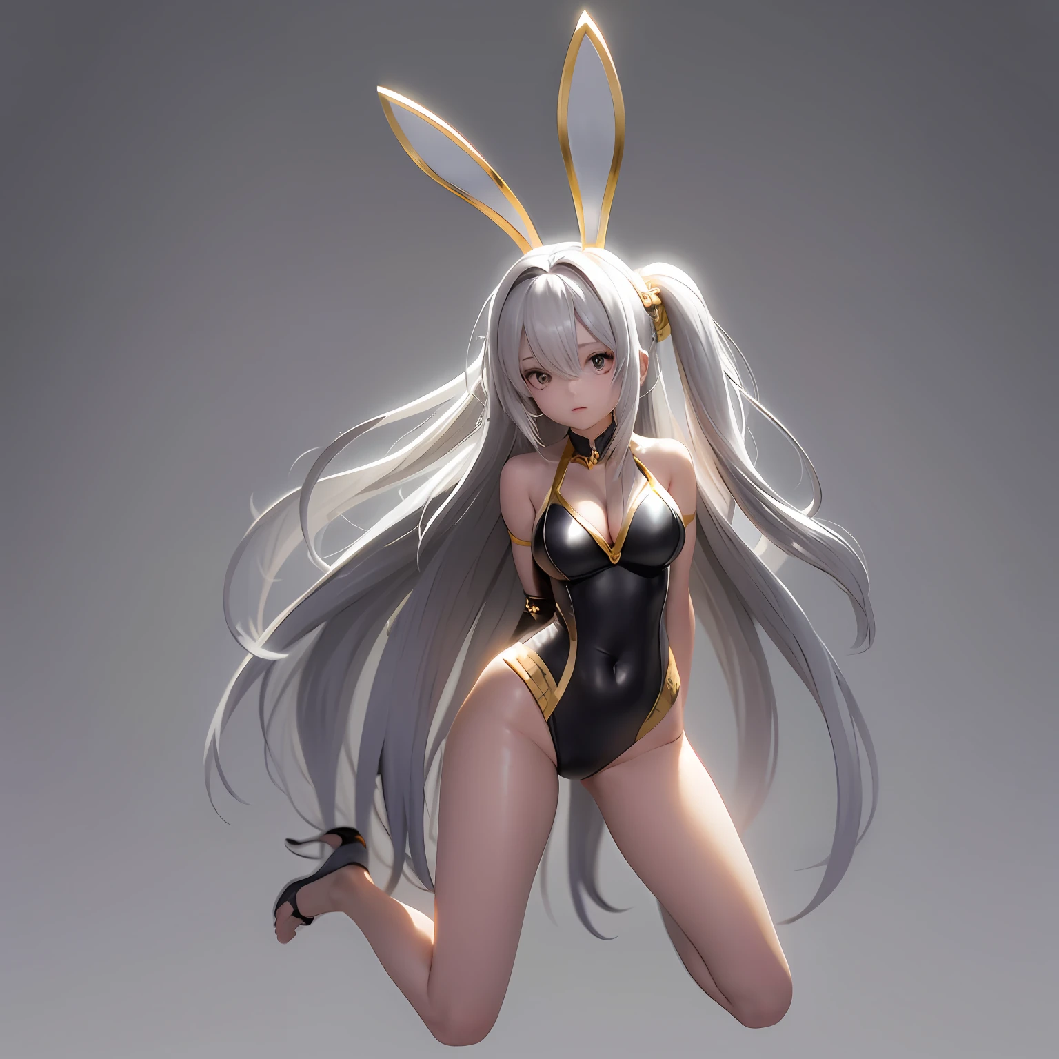 Top quality, masterpiece, gray hair, gold-eyed, white clothes, look up, upper body, hair strands, fair skin, side braids, swimsuit, ((big breasts))))),((Navel)))))