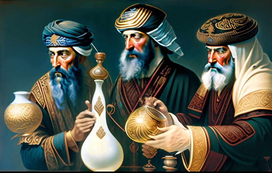three men in traditional clothing holding vases and a bottle, by Juliusz Kossak, by Krzysztof Boguszewski, merchants, by Eugenio de Arriba, epiphany, by Antonio Ciseri, by Muggur, biblical clothing, arabian art, the three moiras, 1001 nights