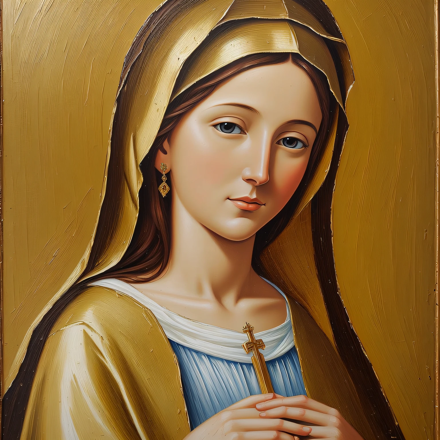 Mary Mother of Jesus, full body. white clothing and robe with a long blue band at the waist. She's in one with her hands together, in prayer. --auto
