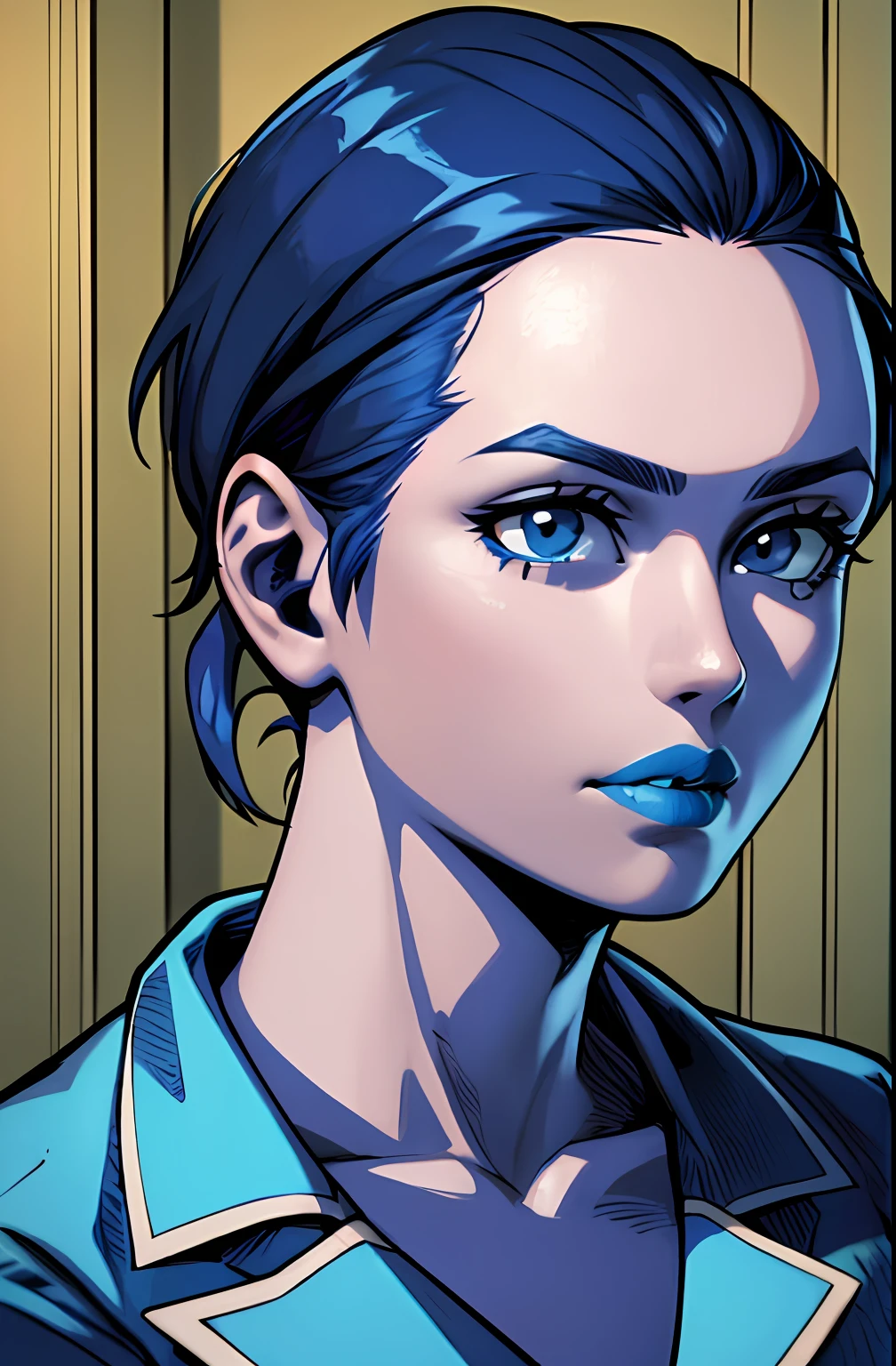portrait of 1 woman, pale skin, blue short hair, blue lips, perspective,
( by Enki Bilal)
high contrast, best shadow, cinematic lighting
(masterpiece, best quality:1.3),