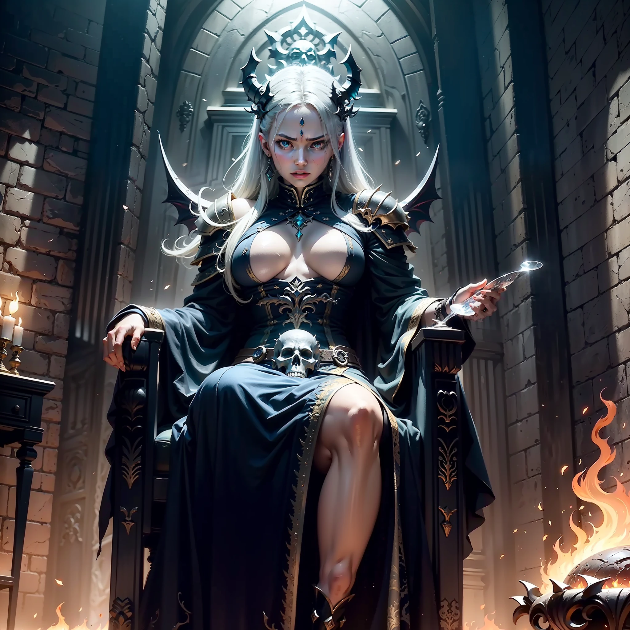 The Demon Lord woman is a majestic figure, exuding power and authority. His presence is imposing, wrapped in armored armor that glitters with a grim glow. The armor is made of a sturdy black metal, decorated with intricate details reminiscent of flames and thorns, giving it an intimidating appearance. She occasionally glows with a mystical aura, revealing the Lord's demonic nature.

Sitting on an imposing throne, carved from volcanic rocks, the Demon Lord assumes a regaled posture. The throne is adorned with skulls and bones, evidencing its connection to the underworld. The back of the throne resembles outstretched black wings, highlighting his position as ruler of the shadows.

Around the Demon Lord, the environment is dark and oppressive. The setting is a throne chamber carved into the bowels of an erupting lava mountain, with blazing flames illuminating the rough walls and rocky ceiling above. The air is charged with a dense and heavy atmosphere, as if a sinister presence permeates the whole place.

A servant, dressed in a dark and elegant dress, approaches the Demon Lord with a glass of wine on a silver platter. Her face shows a mixture of fear and awe as she offers the cup. The servant is careful in her movement, aware of the Demon Lord's unpredictable nature. His footsteps are silent, as if to avoid disturbing the aura around the powerful figure who rules the realm of darkness.

As the servant holds out the cup, the Demon Lord reaches out a gloved and delicate hand to pick it up. Her piercing eyes, glistening with a deep red, meet those of the servant for a brief moment. The servant retreats, overwhelmed by the presence of the Demon Lord, and walks away silently, remaining vigilant as she continues to perform her duties.

The scene depicts a dynamic of power and submission, where the Demon Lord establishes herself as a supreme force, while her servant bows to her commands.