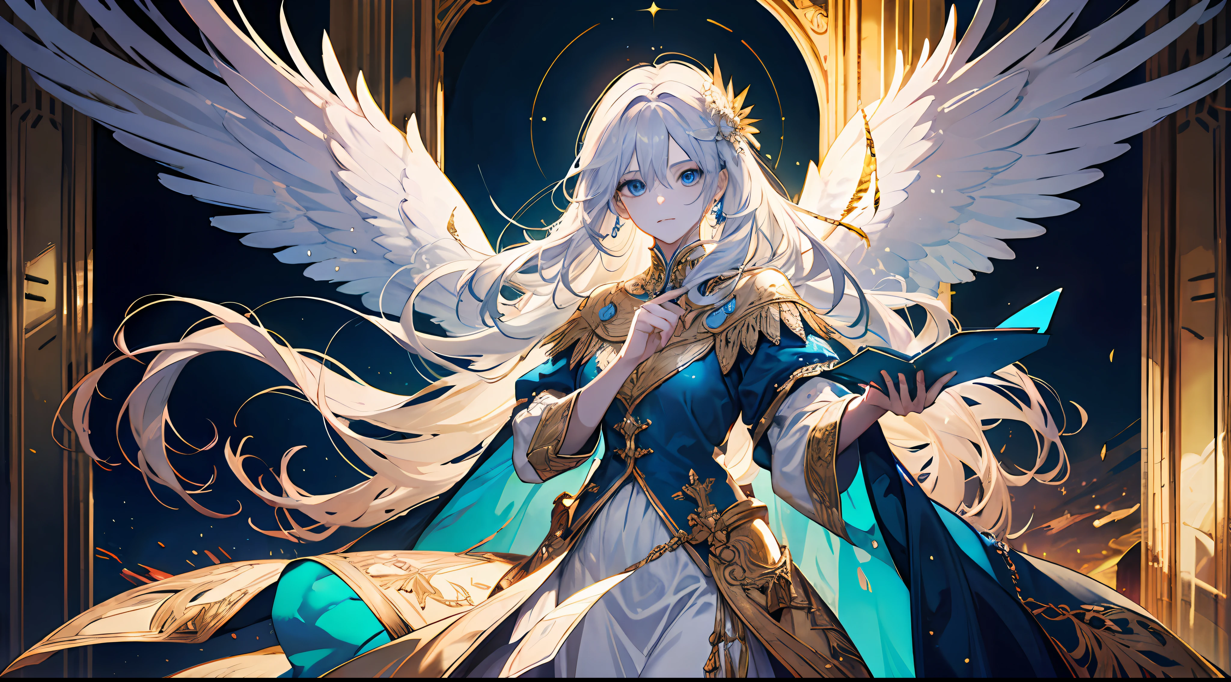 16k, best quality, a woman, tall, beautiful, otherworldly, elegant, blue eyes, full body, long blonde hair, platinum dress, (exquisite), long skirt, golden armor, extreme details, golden streamer surrounding, angel descending, masterpiece, concept art, hands open, facial details presented, great, palatial palace with background, (princess outfit), dignified,