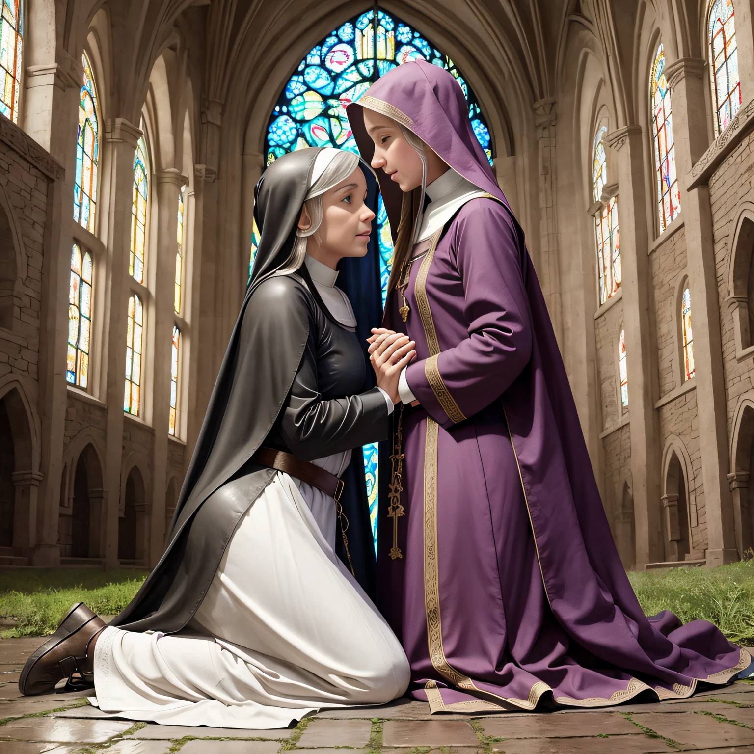 Mary Mother of Jesus, full body. white clothing and robe. She wears a blue sash at the waist. She's in one with her hands together, in prayer. She's in a cave. She appears to another young woman, who is kneeling at her feet. --auto