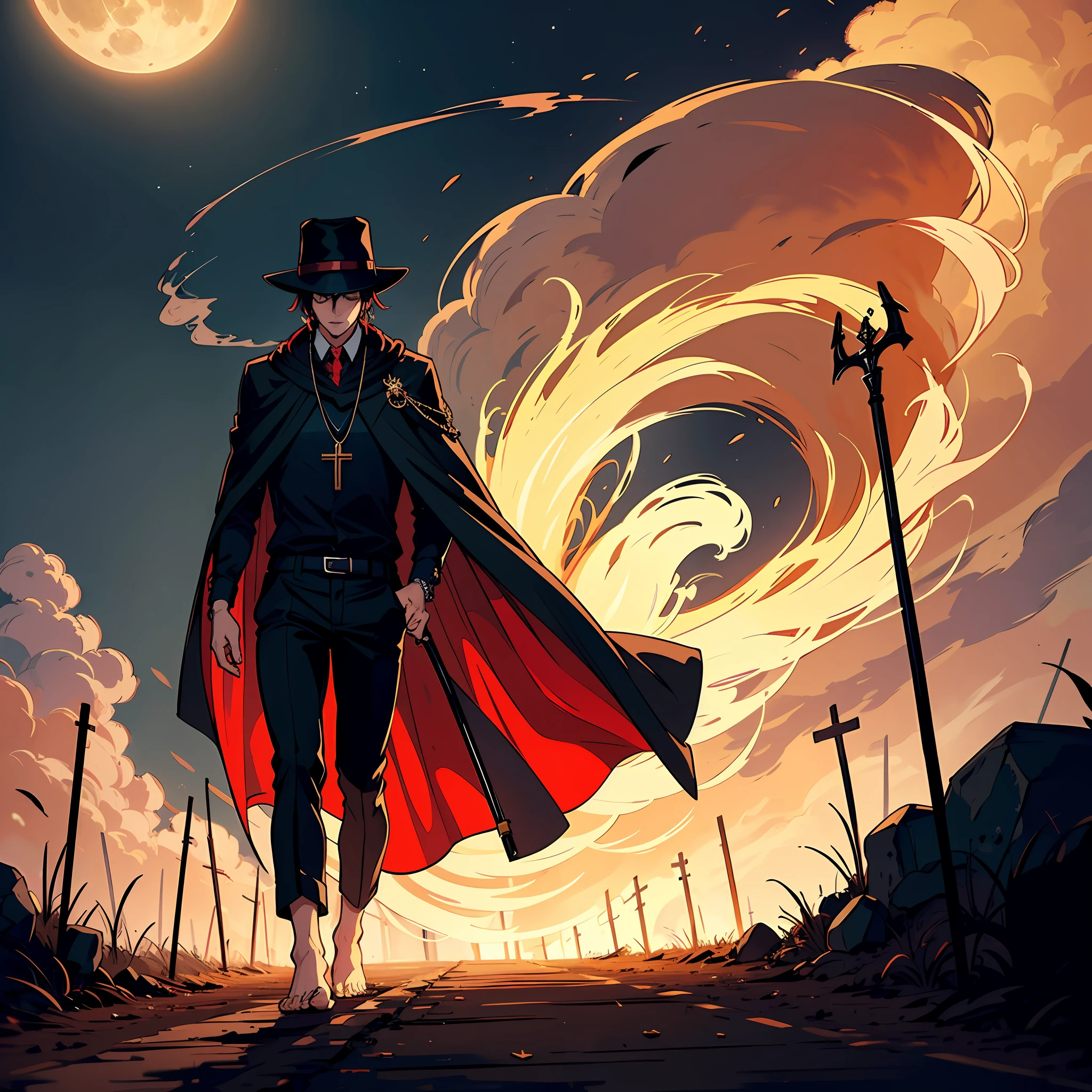 Barefoot man, black pants, red silk shirt, black details, red and black cape, black hat wide brim, long cane, dark night, full moon, smoke and smoke coming out of the body, mist and mist, walking along deserted road, dust, sandstorm, wind, ritualistic necklaces, medals and crucifixes --auto