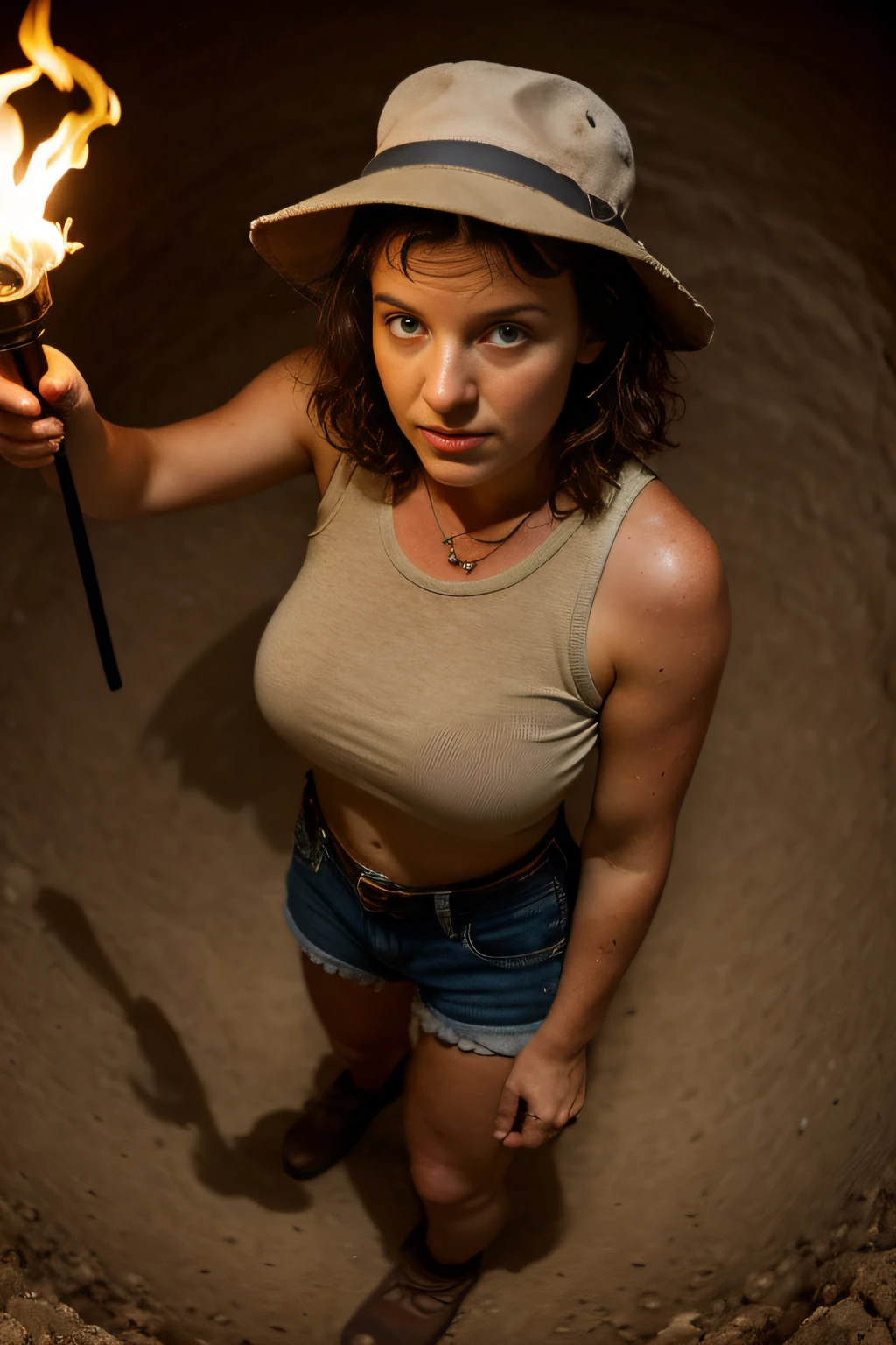 "((hyperrealistic, photorealistic, 8k, intricate details)), (((360º panoramic frontal aerial angle image)), 1 a beautiful archaeologist with blue eyes and brown hair, full ???????, thick thighs, sweaty (damp) body, wearing a beige safari hat, a beige short-sleeved shirt and jean shorts, exploring the mysterious chamber of an ancient dark poorly lit pyramid, with a torch in hand (dim lighting,  dark, humid environment, realistic shadows)."