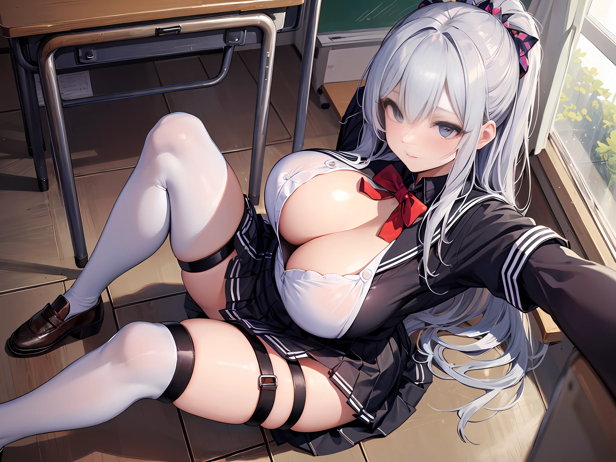 masterpiece, best quality, high_resolution, fine detail, very detailed and beautiful, distinct_image, 1个女孩, Solo,Silver hair, (huge breasts), (),From above,(miniskirt),(thighhigh),((school uniform))),classroom,