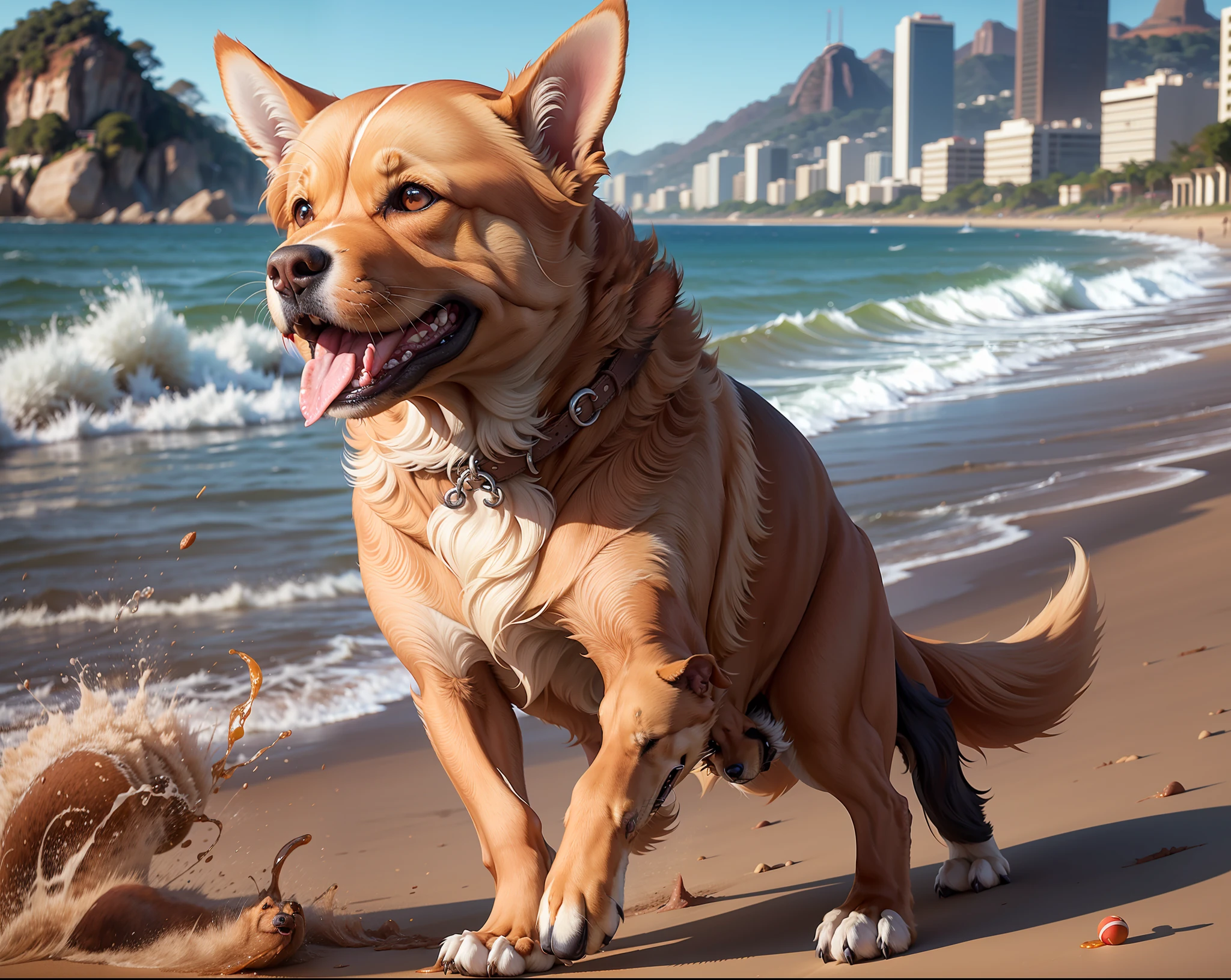 Caramel dog chasing a ball, scenery rio de janeiro, brazil, caramelho, ultra realistic, high quality, cute --auto --s2