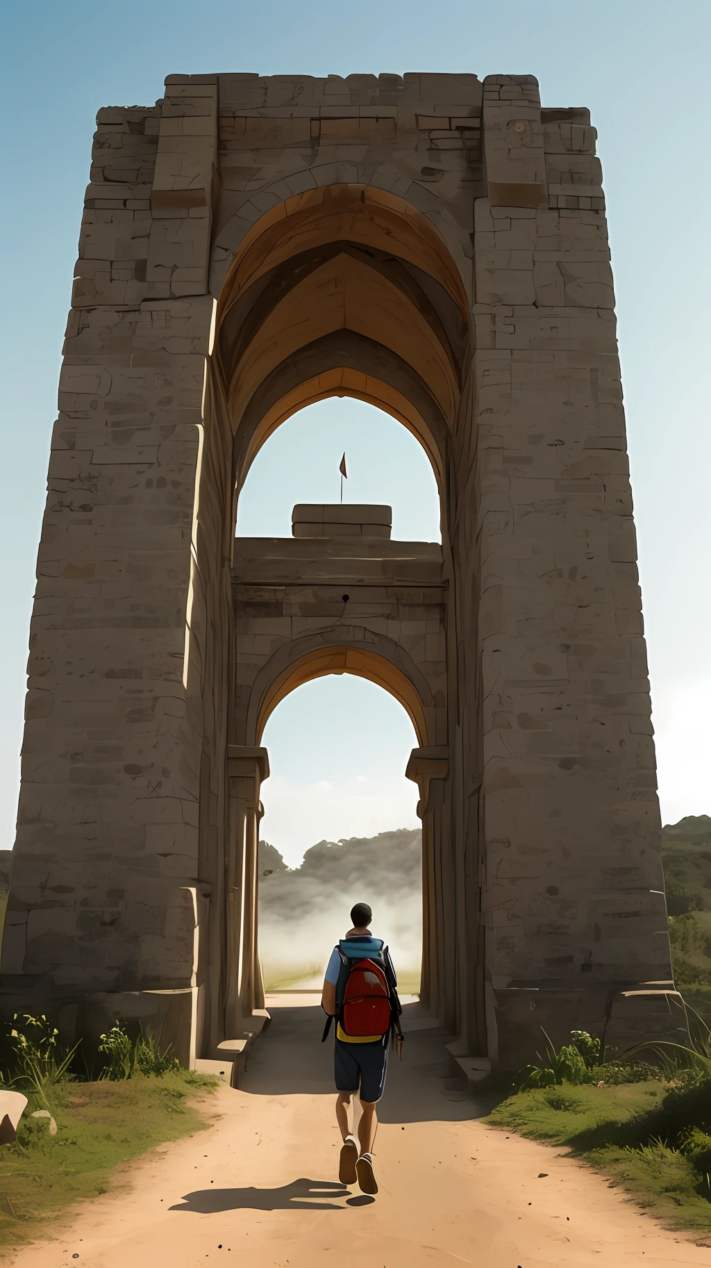 The image depicts a person walking towards a temporal portal, which is represented by an ancient arch with mysterious symbols carved into its structure. The human figure is dressed in contemporary clothes, carrying with him a backpack and an old map. The portal is surrounded by an ethereal mist and bright lights, suggesting the passage to a distant time. In the background, one can glimpse a landscape that combines elements of the past and the present, mixing modern buildings with historical structures. This image evokes the idea of a journey through time, in which the individual launches himself in search of connections with the past, exploring the secrets and mysteries that lurk in previous eras. It represents the human curiosity to unravel the roots of history and understand how societies and cultures have developed over the centuries. It is an invitation to embark on an adventure of discovery and learning, breaking the paths that lead us to the past.