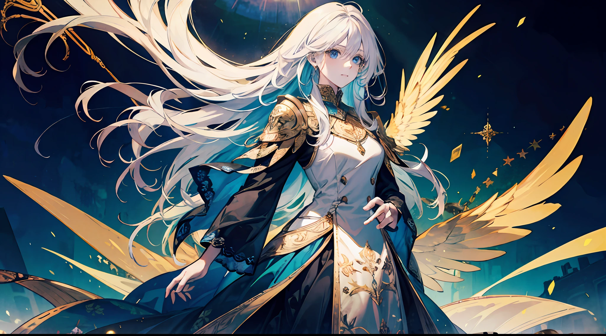 16k, best quality, a woman, tall, beautiful, otherworldly, elegant, blue eyes, full body, long blonde hair, platinum dress, (exquisite), long skirt, golden armor, extreme details, golden streamer surrounding, angel descending, masterpiece, concept art, hands open, facial details presented, great, palatial palace with background, (princess outfit), dignified,