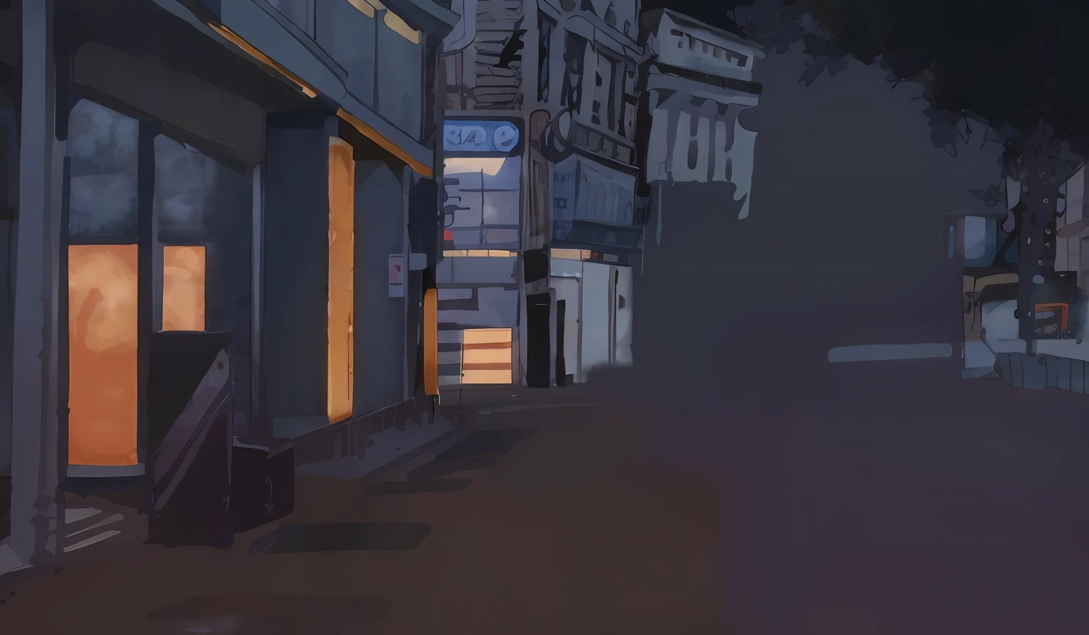 there is a painting of a street with a building and a person walking down it, street background, hard light digital painting, low detailed. digital painting, lighting study, anime style cityscape, street city night, nightlight study, calm night. digital illustration, twilight ; digital painting, night street, dusk on a city street, street night, background art, anime background art