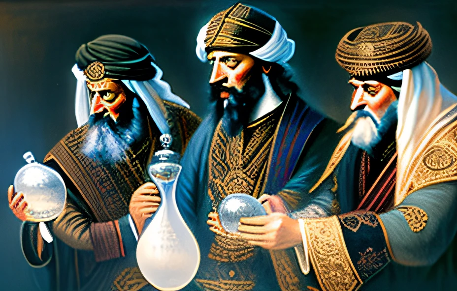 three men in traditional clothing holding vases and a bottle, by Juliusz Kossak, by Krzysztof Boguszewski, merchants, by Eugenio de Arriba, epiphany, by Antonio Ciseri, by Muggur, biblical clothing, arabian art, the three moiras, 1001 nights