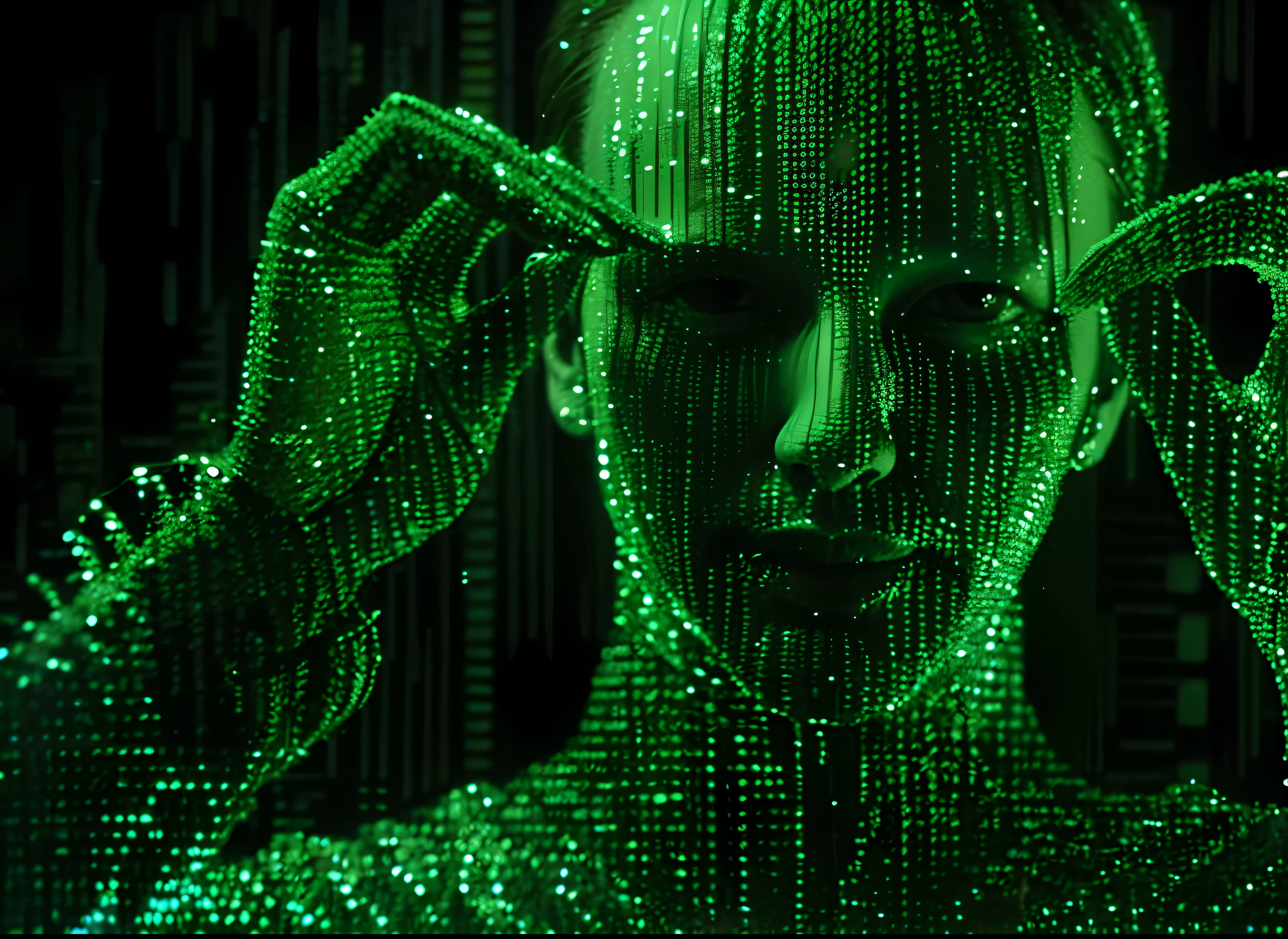 a close up of a person with a green face and a green background, green matrix code, matrix film pinterest color, movie still from the matrix, neo from the matrix, matrix code, still from the matrix, neo from matrix, wires from the matrix movie, from matrix ( 1 9 9 9 ), from matrix(1999)