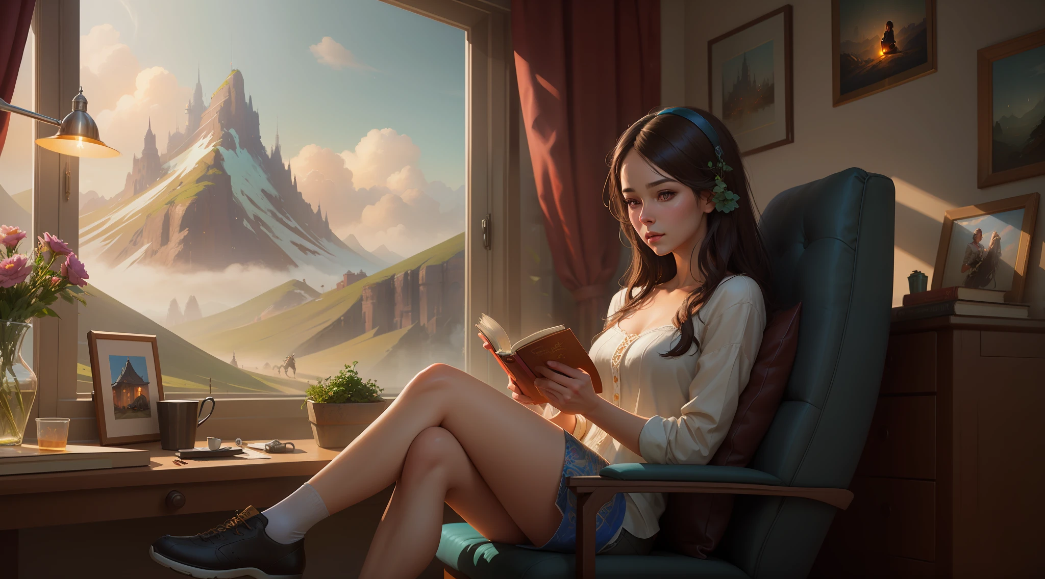 woman sitting in a chair reading a book in front of a window, artwork in the style of guweiz, realistic fantasy illustration, cinematic. by leng jun, beautiful digital artwork, relaxing concept art, by Russell Dongjun Lu, wojtek fus, realistic digital art 4 k, realistic digital art 4k, digital fantasy art ), wlop and ross tran