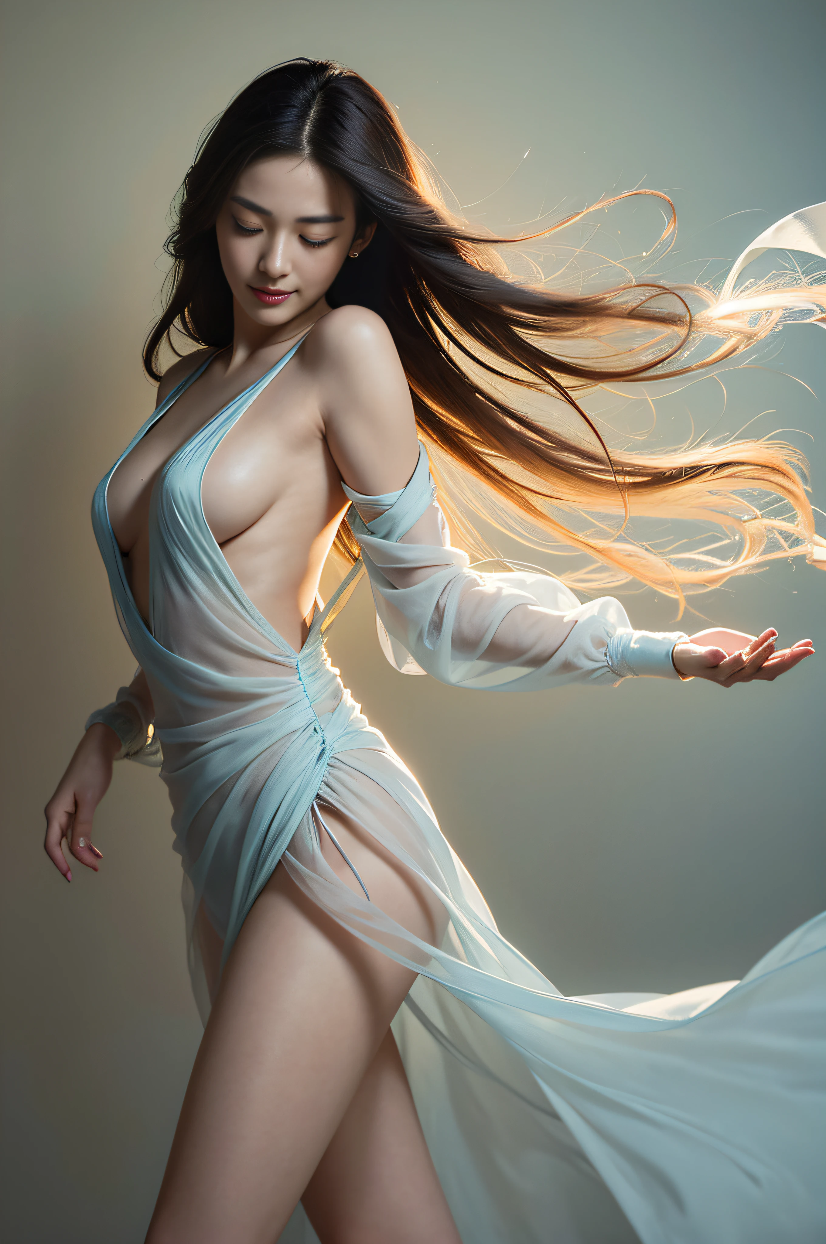Body Soaring Levitation, 1girl, Dunhuang Flying Costume, Body Flat Flight, Flying Style, Jun Ji Hyun's Face, Turn Around and Smile, Single Close Eyes, Slim Face, Messy Long Hair, Holding a Brush, Dunhuang Style, Thick Wisps of Smoke Wrapped Around the Legs, Intense Wisps of Smoke Wrapped Around the Body, Exquisite, Elegant Colors, (Realistic, High Detail, Masterpiece, Ultra Detail, Dynamic Angle, Mural Background, Ink, Amazing, Film Lighting, Illustration, Chiaroscuro, Backlight, God Light, Dutch, Best Quality, Best quality