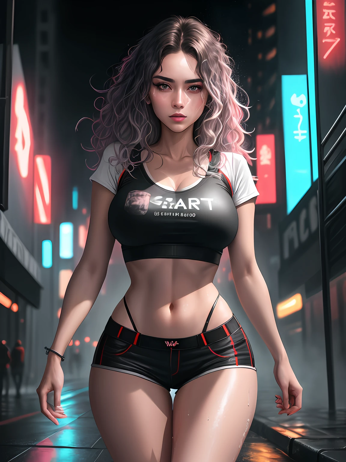 beautiful woman with wavy hair detailed seductive eyes thigh gap long legs and sexy. BIG BREASTS, with a tiny shorts t-shirt in a beautiful futuristic cyberpunk+ city, fog, wet, raining, best quality masterpiece, photorealistic, detailed, 8k, HDR, shallow depth of field, wide light, high contrast, backlight, bloom, light flashes, chromatic aberration, sharp focus, RAW color photo