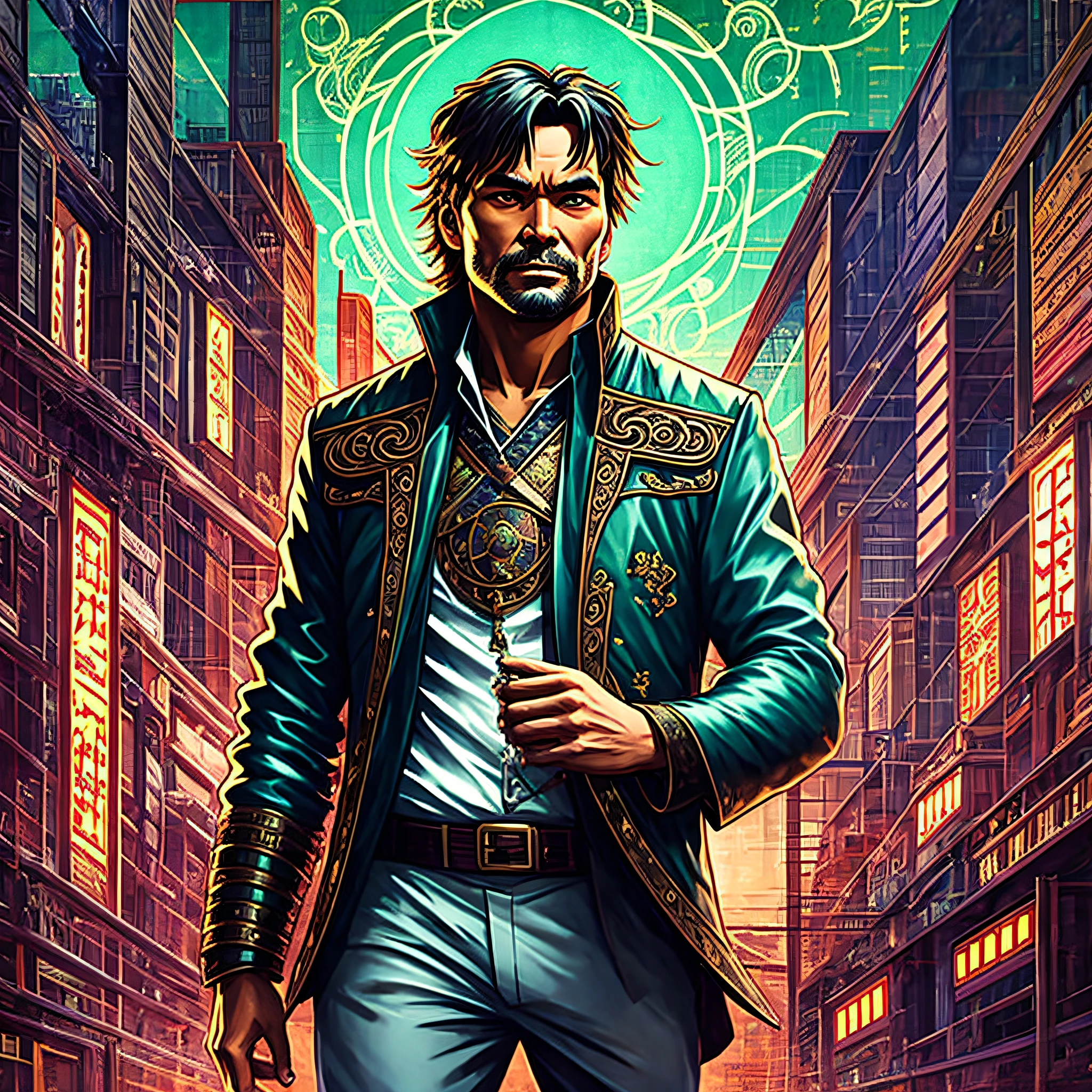 Best quality,masterpiece,ultra high res,(photorealistic:1.4),xiuxian,weapon,Detailed face, Alphonse Mucha, art nouveau, (tarot card style:1.3), unique tarot card framework incorporating floral and greenery elements, (Extreme Detail, masterpiece, highest quality), (Exquisite lighting and shadow, highly dramatic picture, Cinematic lens effect), a man in leather jacket walking down a street, (((wheat field))), (redneck), osaka skyline background, ((cyberpunk)), (((neon))), (((stephen king's the gunslinger))), (excellent rendering, enough to stand out in its class), realistic, hyper realistic lifelike 3d, zentangle by