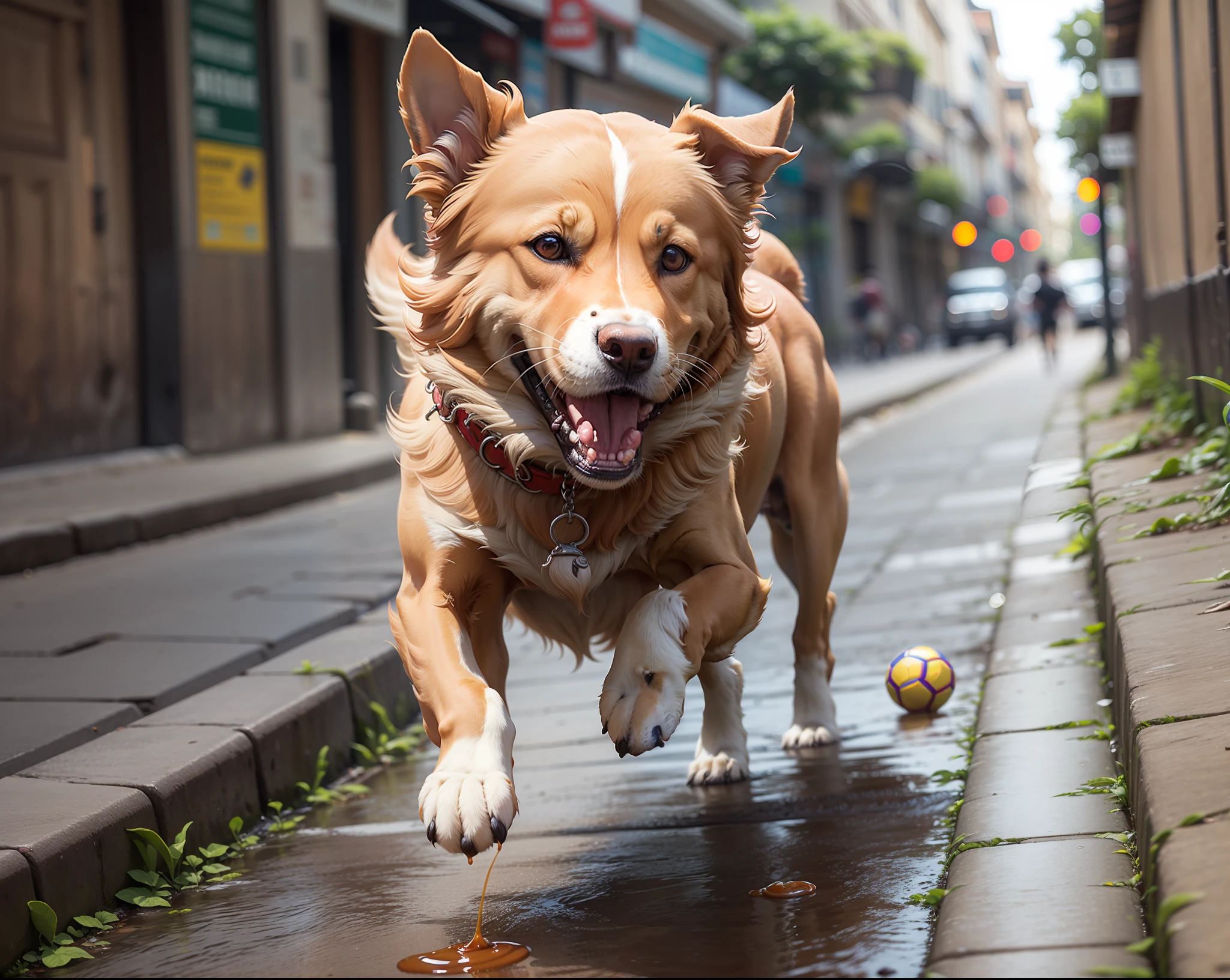 Caramel dog chasing a ball, scenery rio de janeiro, brazil, caramelho, ultra realistic, high quality, cute --auto --s2