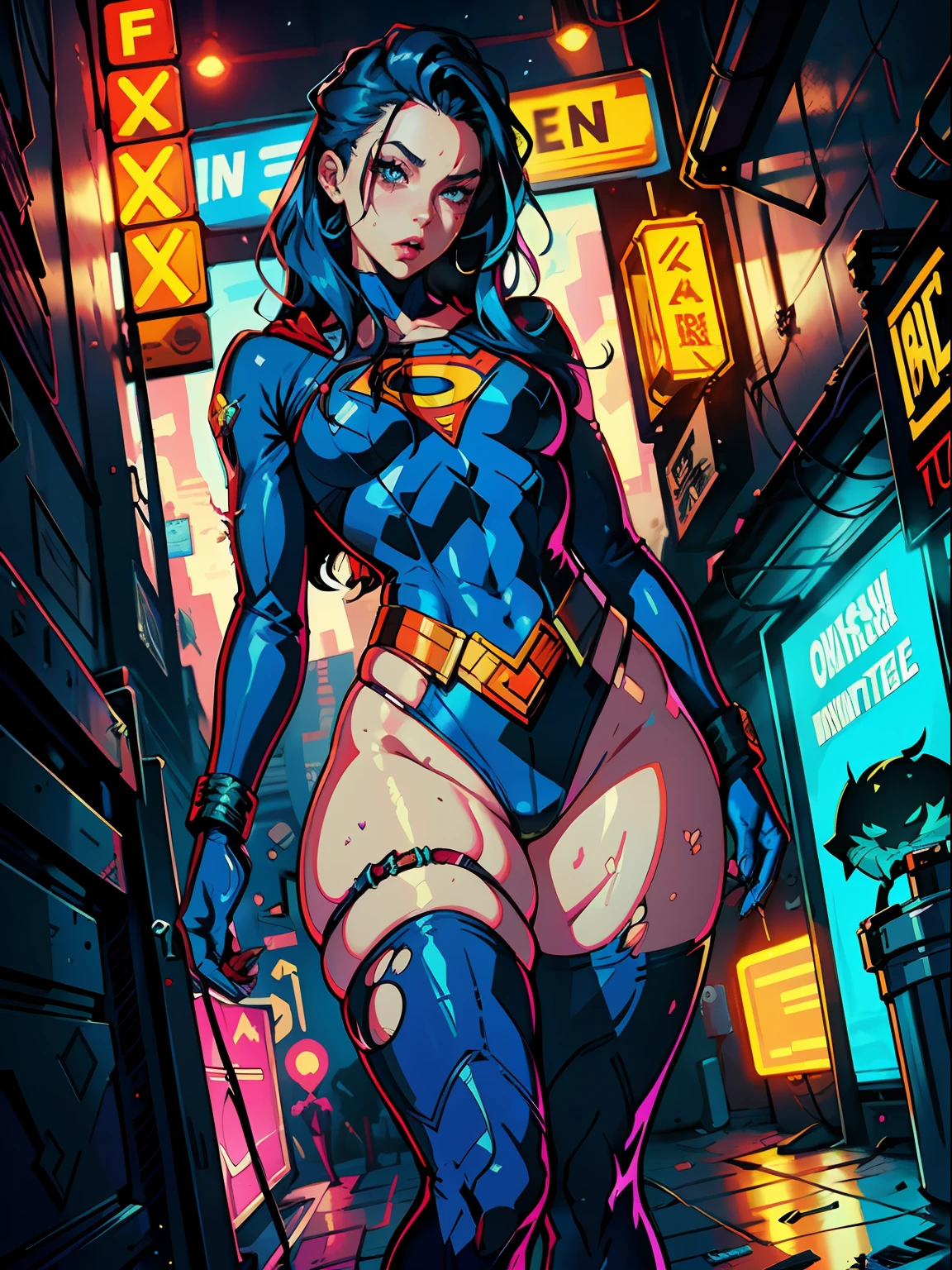 a digital painting of long-haired supergirl, cyberpunk art by Josan Gonzalez, winner of the behance contest, afrofuturism, synthwave, neon, shiny neon, thick thighs, thin waist, sensual, nsfw, little clothing, erotic art, anime, torn battle clothes, extremely sexualized, sweaty body, NSFW