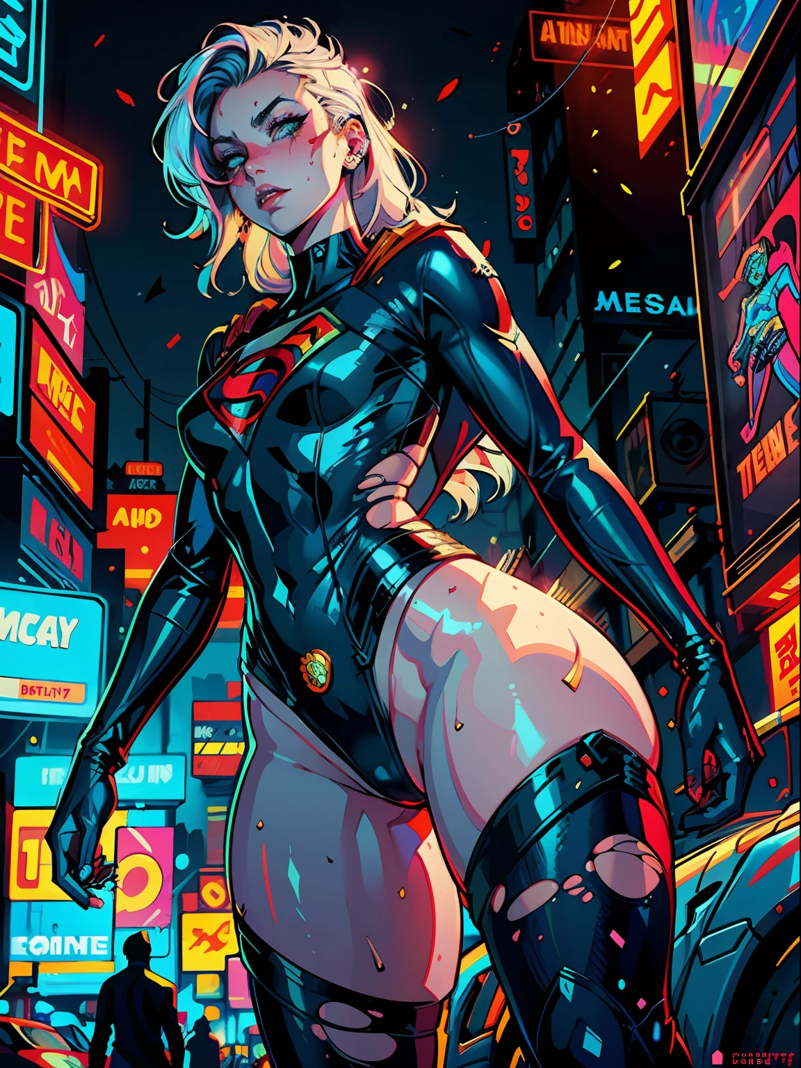 a digital painting of long-haired supergirl, cyberpunk art by Josan Gonzalez, winner of the behance contest, afrofuturism, synthwave, neon, shiny neon, thick thighs, thin waist, sensual, nsfw, little clothing, erotic art, anime, torn battle clothes, extremely sexualized, sweaty body, NSFW