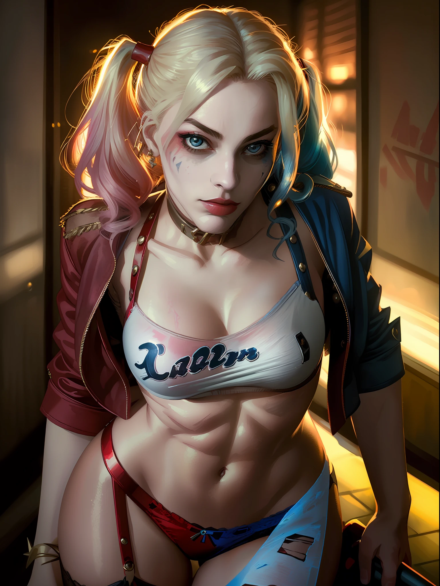 ((best quality)), ((masterpiece)), ((hyper-realistic)), (ultra-detailed), photo, (1girl, solo), a sexy harley quinn, high quality, , erotic pose, feminine, (high class lingerie:1.2), sharp focus, by (arny freytag:1.3), erotic mood, sexy, dramatic lighting, (highly detailed face), realistic skin texture, duplicate,