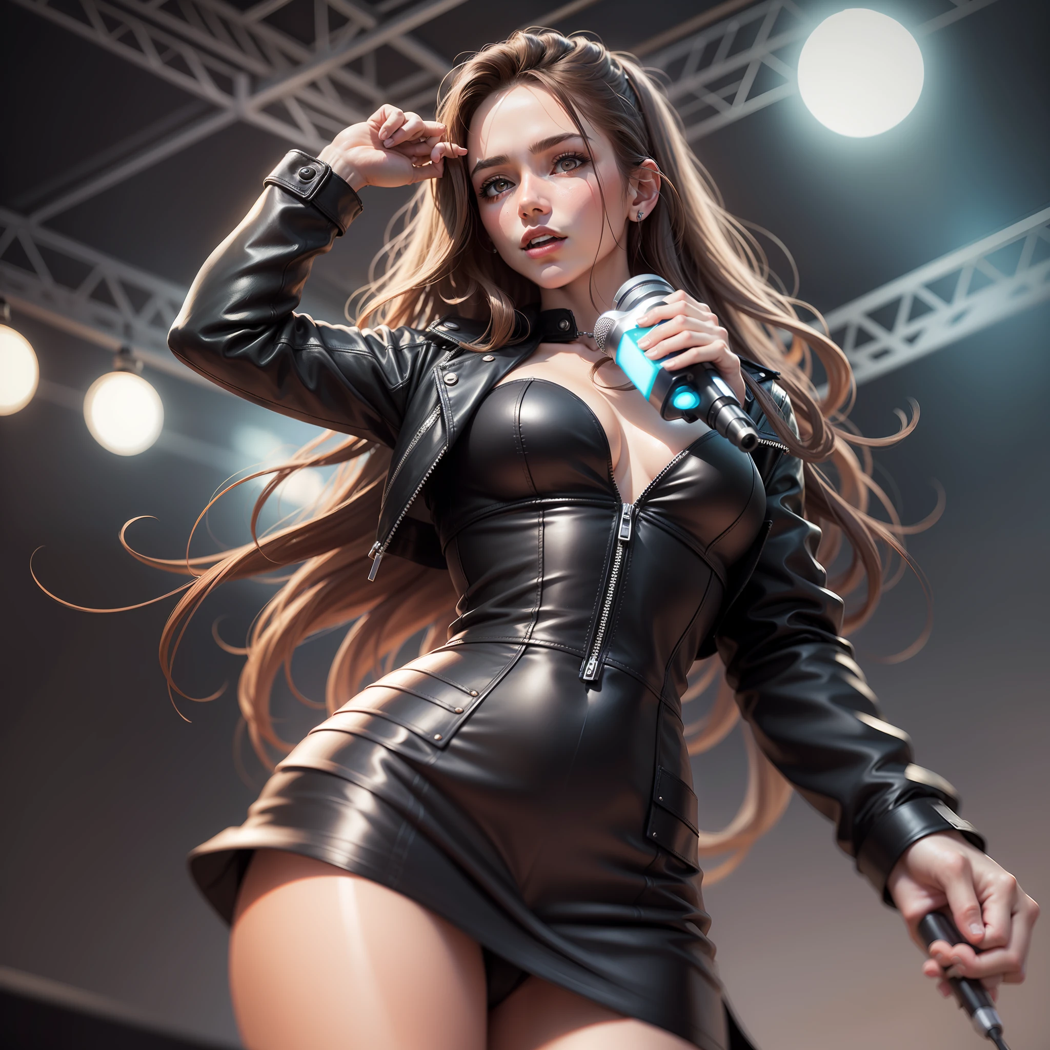 Realistic photo, ultra detail, natural light, light background, photo, cinematic photography + dynamic composition, incredibly detailed, sharp, details + professional lighting, film lighting + cinematography. best quality, masterpiece, brown hair, brown eyes, bright long black dress, looking forward, full body, fair skin, side braids, leather jacket in left hand, microphone in right hand, on top of a stage