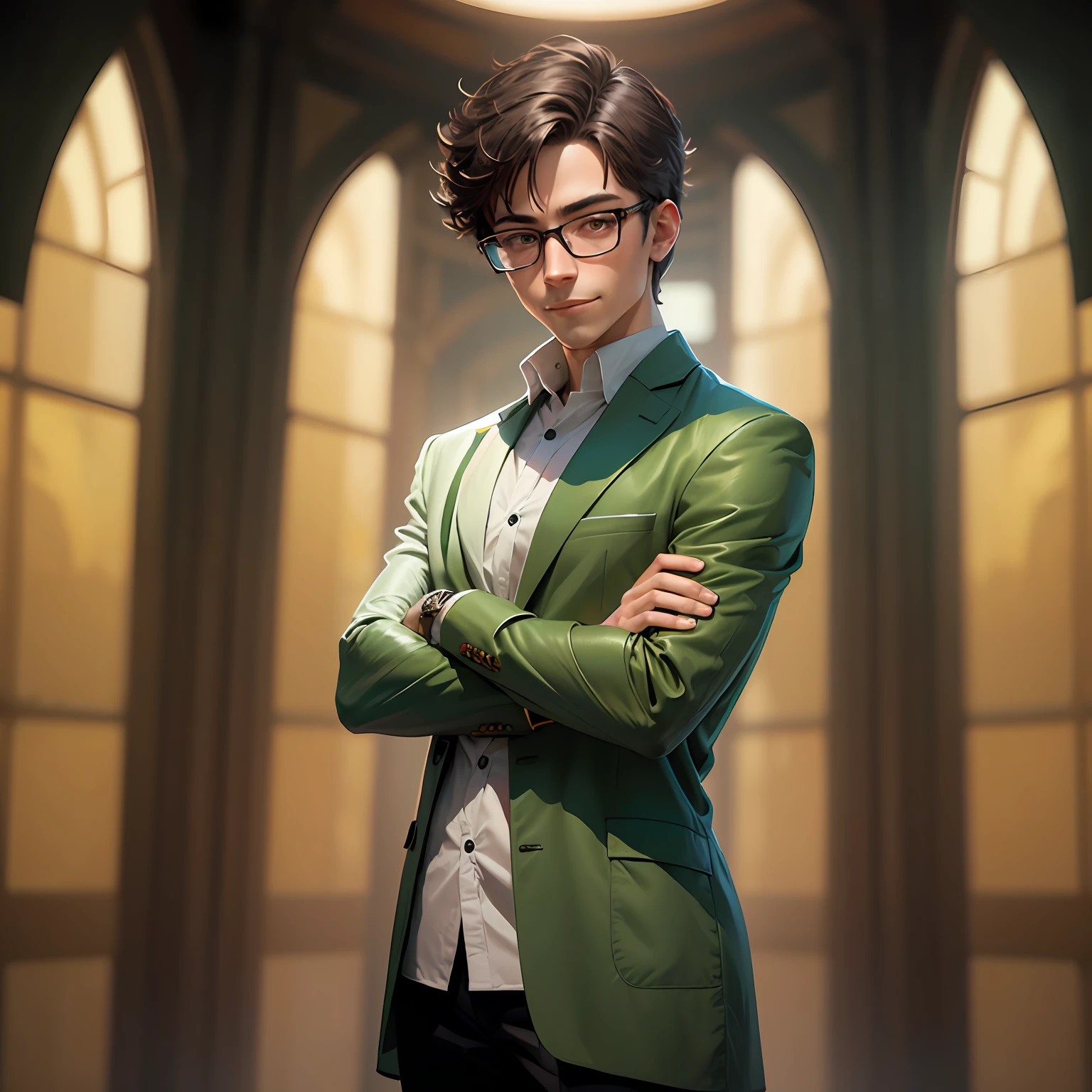 Super hero with green outfit with white detail, short with nerd face, side arms crossed, glasses smiling cartoon style