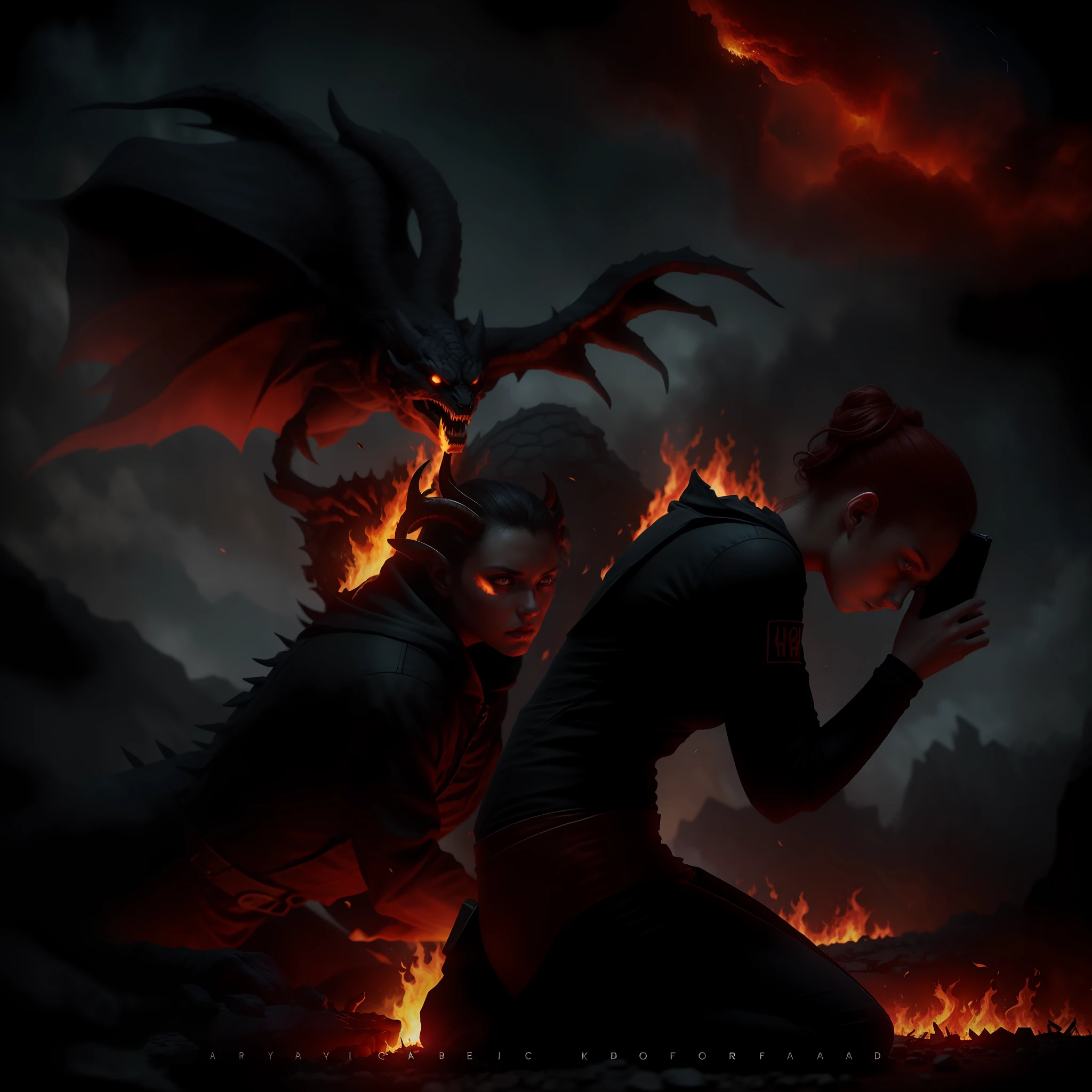 arafed image of a woman kneeling in front with a fire demon behind her, about to attack, photo manipulation, photo manipulation, photomanipulation, creative photo manipulation, photoshop art, by Adam Marczyński, cinematic conceptual photography, realistic fantasy photography, fantasy photography, by Kristian Kreković, emotional image, professional photoshop art, cinematic filmed epic portraits, highly detailed VFX portrait, 4K color photography portrait, 8K artistic portrait photography, fire demon looking at woman,4K asymmetrical portrait, highly detailed VFX portrait, 4K portrait, 8K soft shot portrait, demon behind woman, cinematic realistic portrait, 4K symmetrical portrait, 4K symmetrical portrait