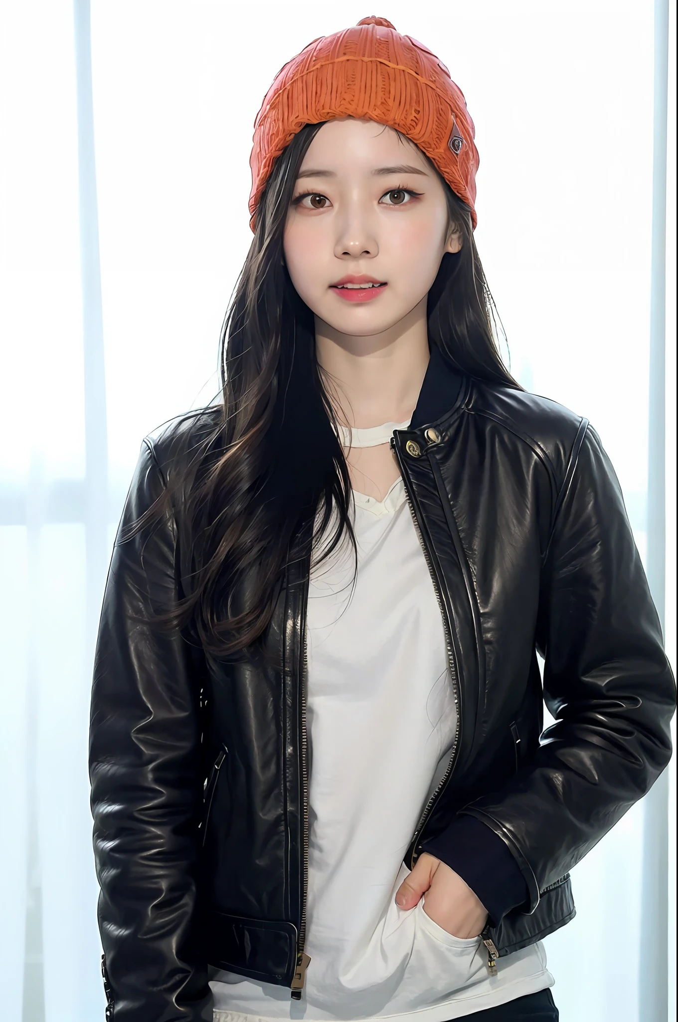 (
(8k:1.27), best quality, masterpiece, ultra highres:1.2) Photo of Pretty Japanese woman
(beautiful:1.1) (sci-fi warrior woman:1.1) space soldier, (beanie:1.61) (leather jacket:1.21) intricate elegant, fantasy, detailed, ometric by greg rutkowski and alphonse mucha, gradient lighting