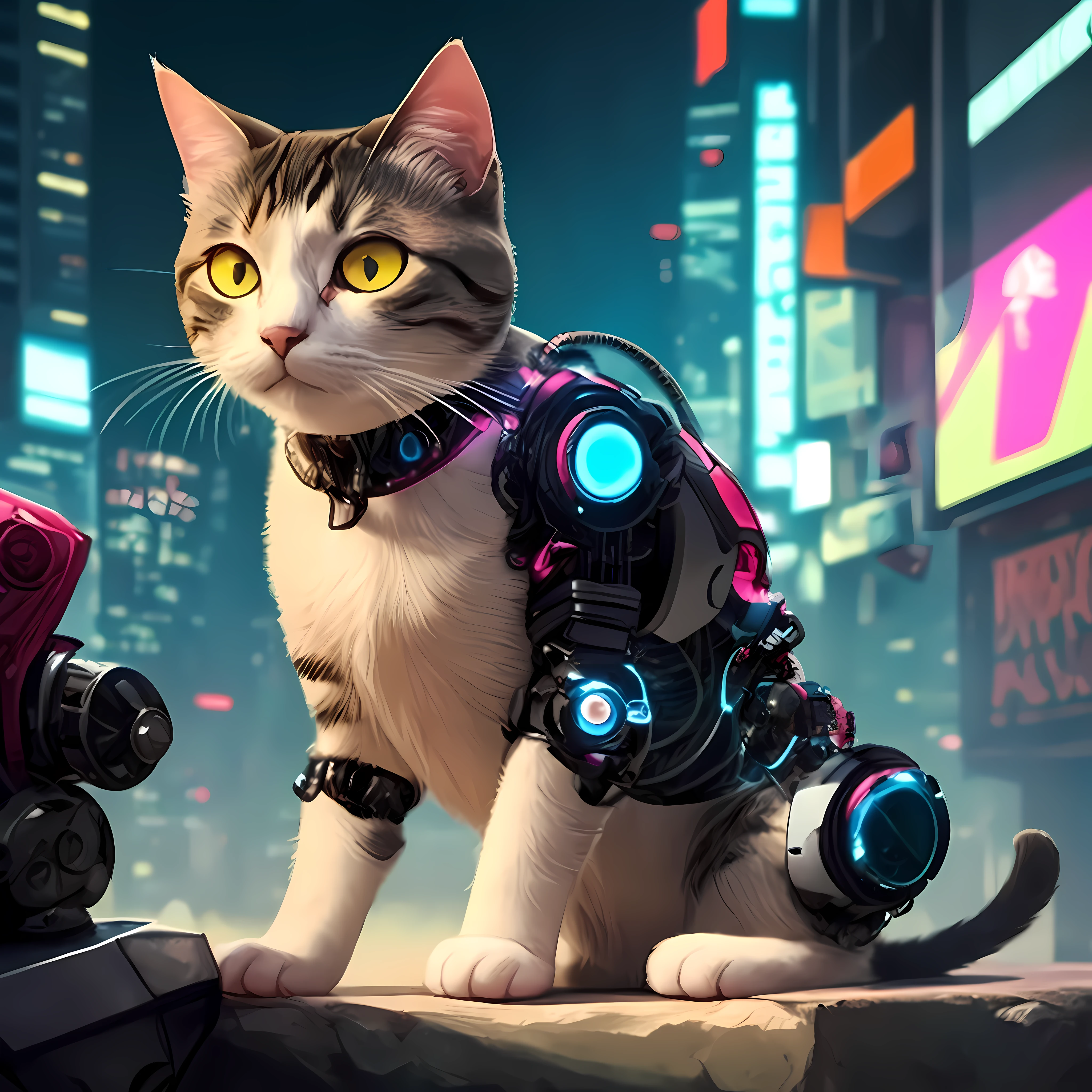 cat with robotic body parts, cyberpunk scenario