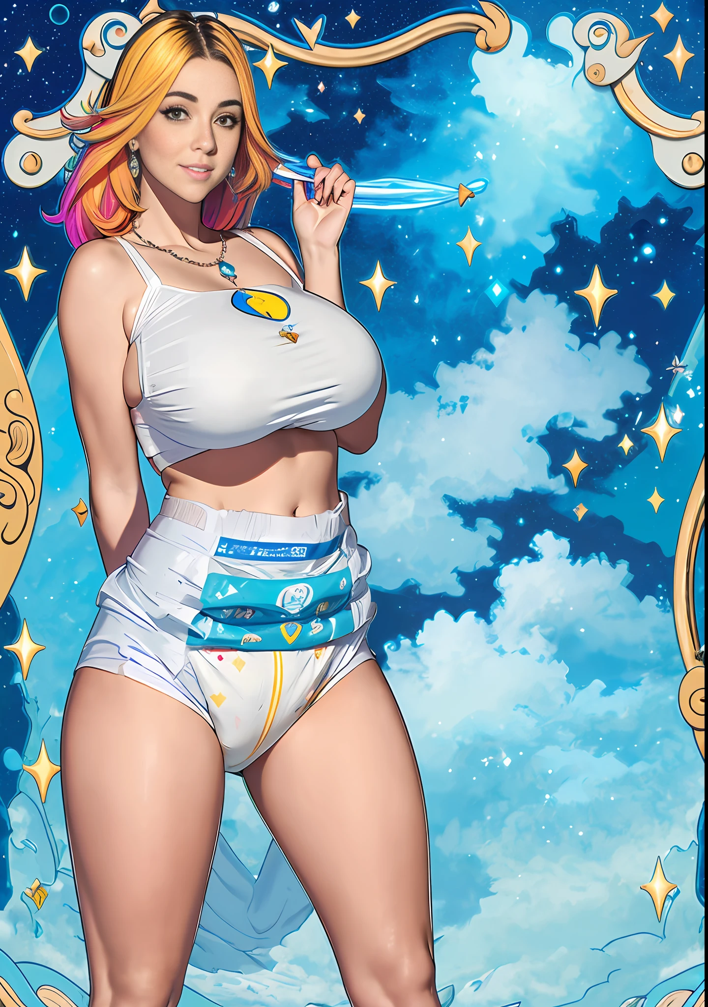 Sexy girls wearing (big diapers), busty, big breasts, wide hips, magical, beautiful faces, (magical fog), ((enchanting)), universe, luxury, beautiful, colorful, inflatables