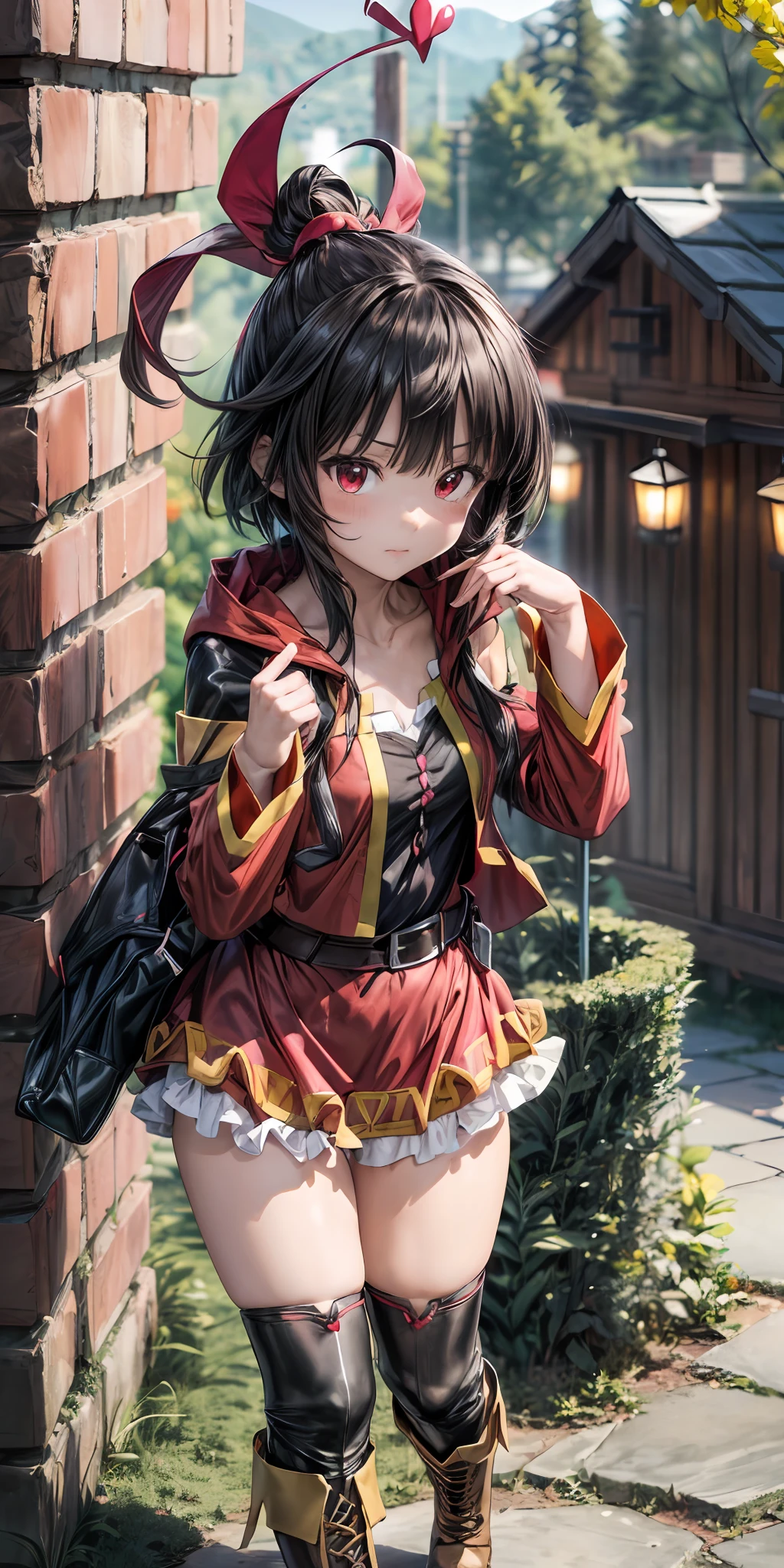 Beautiful girl (megumin_konosuba, pink bows, red hood, red eyes, stars, hearts, plushies, boots, high definition, 8k, (((Nice hands))), beautiful face, short hair, black hair