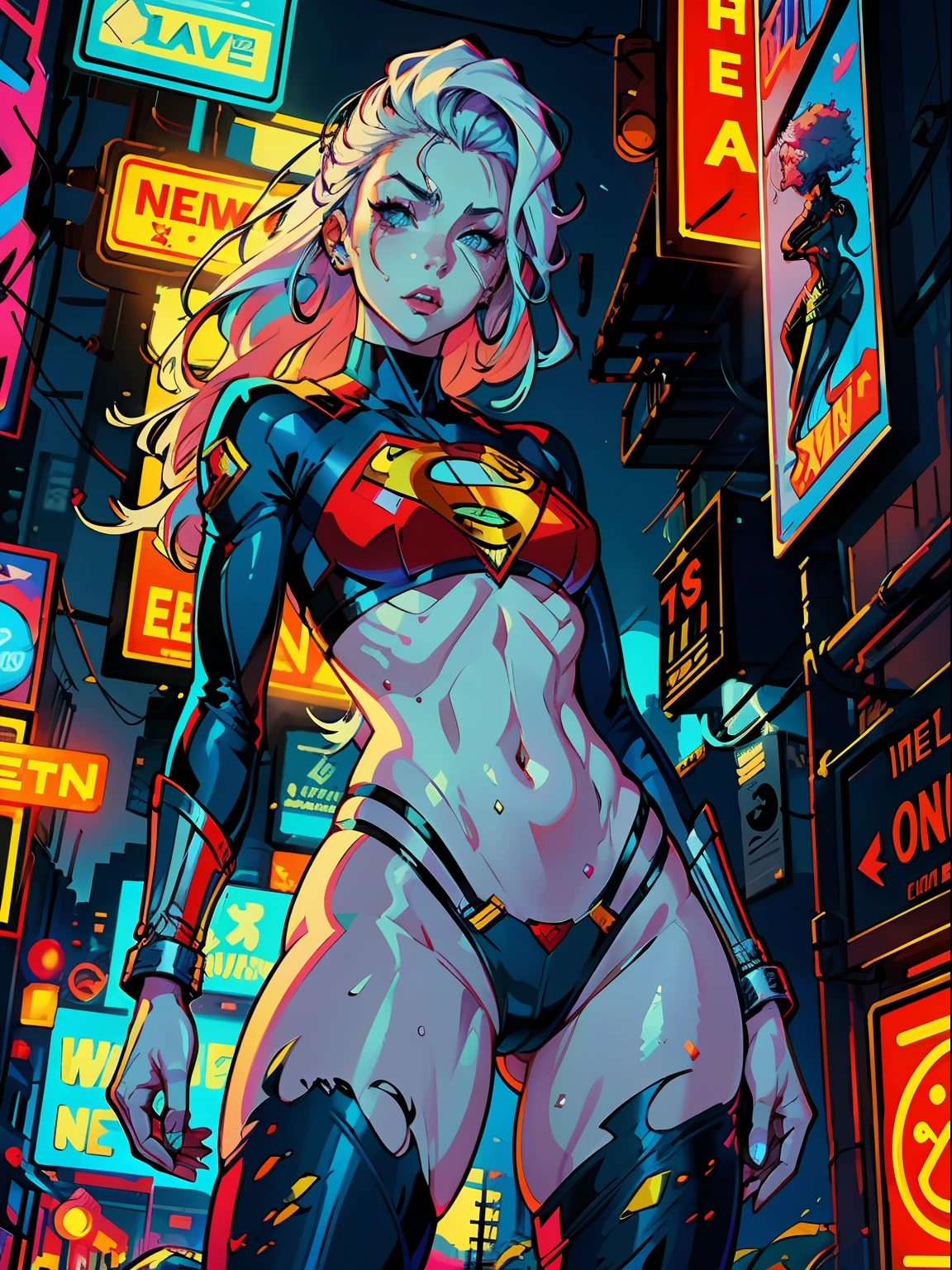 a digital painting of long-haired supergirl, cyberpunk art by Josan Gonzalez, winner of the behance contest, afrofuturism, synthwave, neon, shiny neon, thick thighs, thin waist, sensual, nsfw, little clothing, erotic art, anime, torn battle clothes, extremely sexualized, sweaty body, NSFW