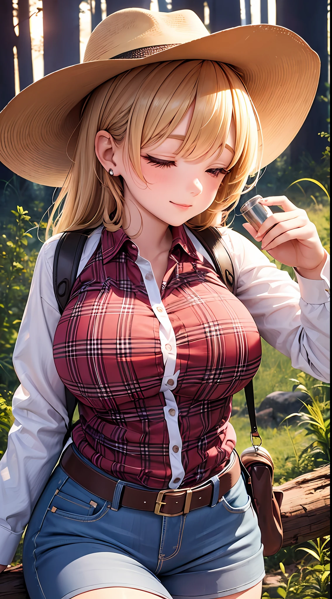 attractive Tennessee woman holding a beer, soft light, shy, ((upper body selfie, innocent)), cute smile, masterpiece, best quality, ultra-detailed, solo, outdoor, (sunset) , mountains, nature, (stars, sun) , shy, backpack, sleeping bag, camping stove, water bottle, brown cowboy boots, cowboy hat, red plaid shirt long sleeve top buttons open to show off white blouse, top button ready to pop off holding back big breast, big brests, lantern, forest, rocks, river, wood, smoke, shadows, contrast, clear sky, style, (warm hue, warm tone: 1.2), close-up, cinematic light, side lighting, ultra high resolution, best shadow, RAW, upper body, wearing lingerie, seductive look, huge breasts, 4k, open neckline, sexy --auto --s2