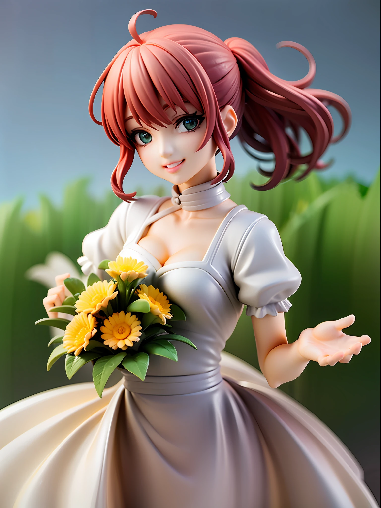 Girl, red hair, ponytail, green eyes, beautiful eyes, smile, happy, white dress, bouquet, holding with both hands, upper body, on grassland, blue sky
