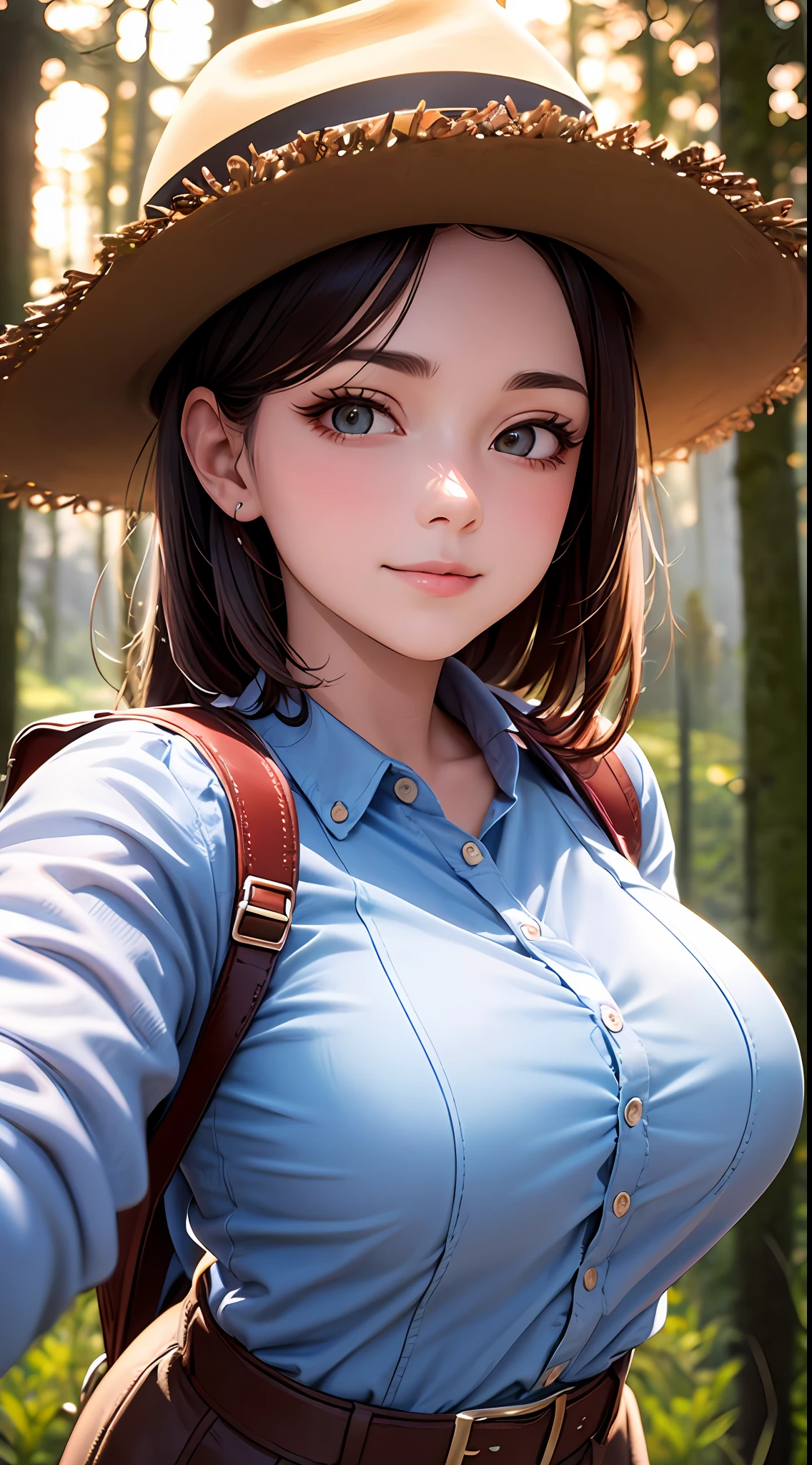 attractive Tennessee woman holding a beer, soft light, shy, ((upper body selfie, innocent)), cute smile, masterpiece, best quality, ultra-detailed, solo, outdoor, (sunset) , mountains, nature, (stars, sun) , shy, backpack, sleeping bag, camping stove, water bottle, brown cowboy boots, cowboy hat, red plaid shirt long sleeve top buttons open to show off white blouse, top button ready to pop off holding back big breast, big brests, lantern, forest, rocks, river, wood, smoke, shadows, contrast, clear sky, style, (warm hue, warm tone: 1.2), close-up, cinematic light, side lighting, ultra high resolution, best shadow, RAW, upper body, wearing lingerie, seductive look, huge breasts, 4k, open neckline, sexy --auto --s2