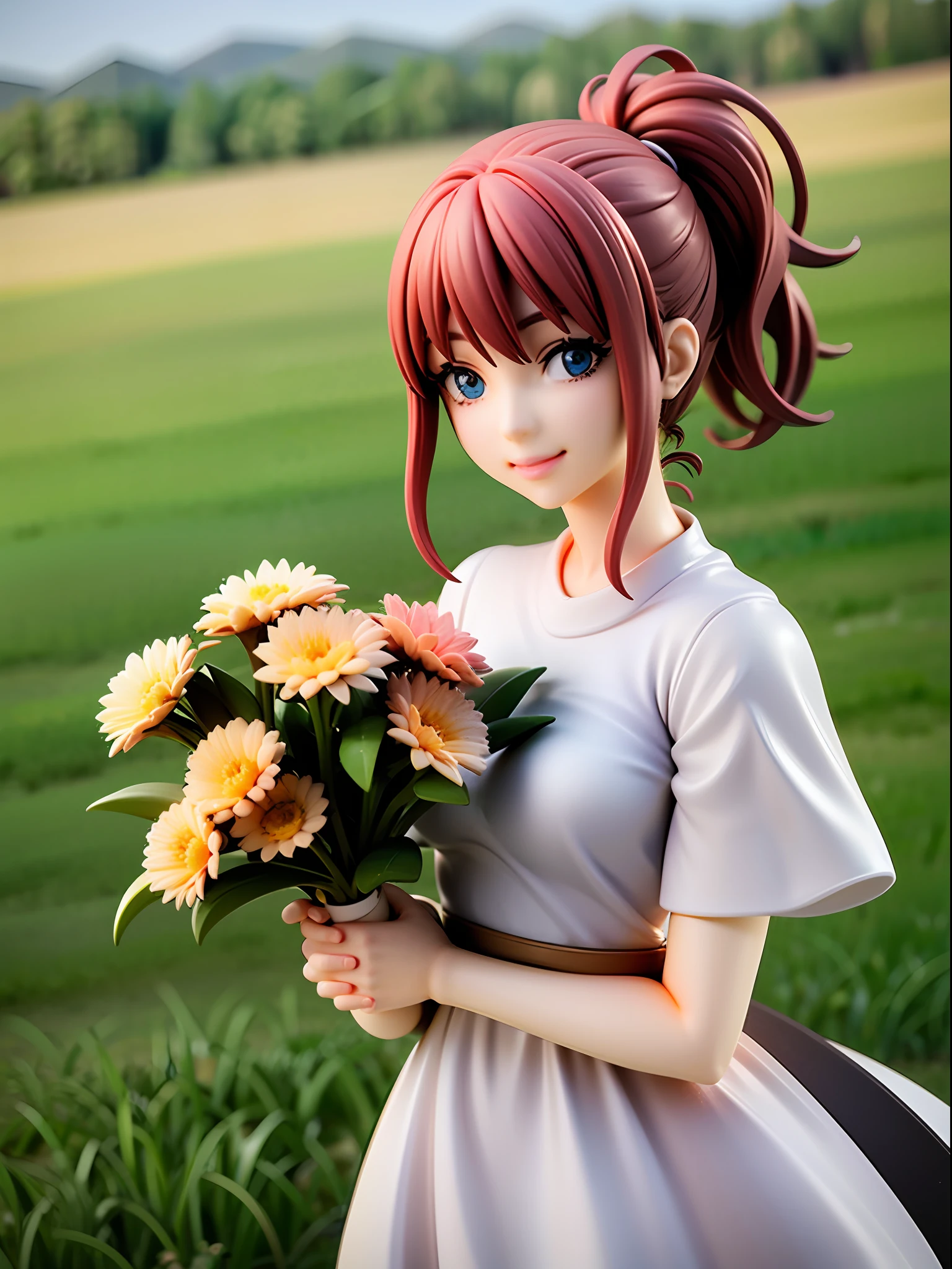 Girl, red hair, ponytail, green eyes, beautiful eyes, smile, happy, white dress, bouquet, holding with both hands, upper body, on grassland, blue sky