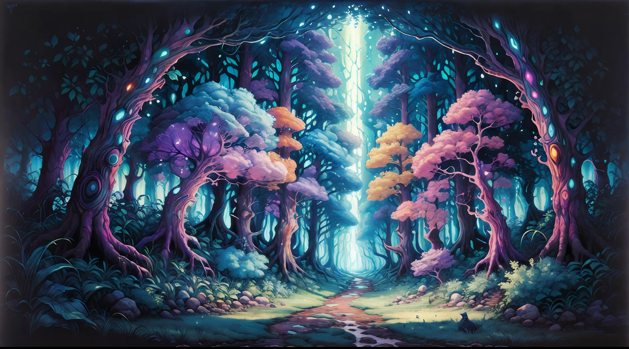 masterpiece, beautiful psychedelic landscape, black light painting PsyAI