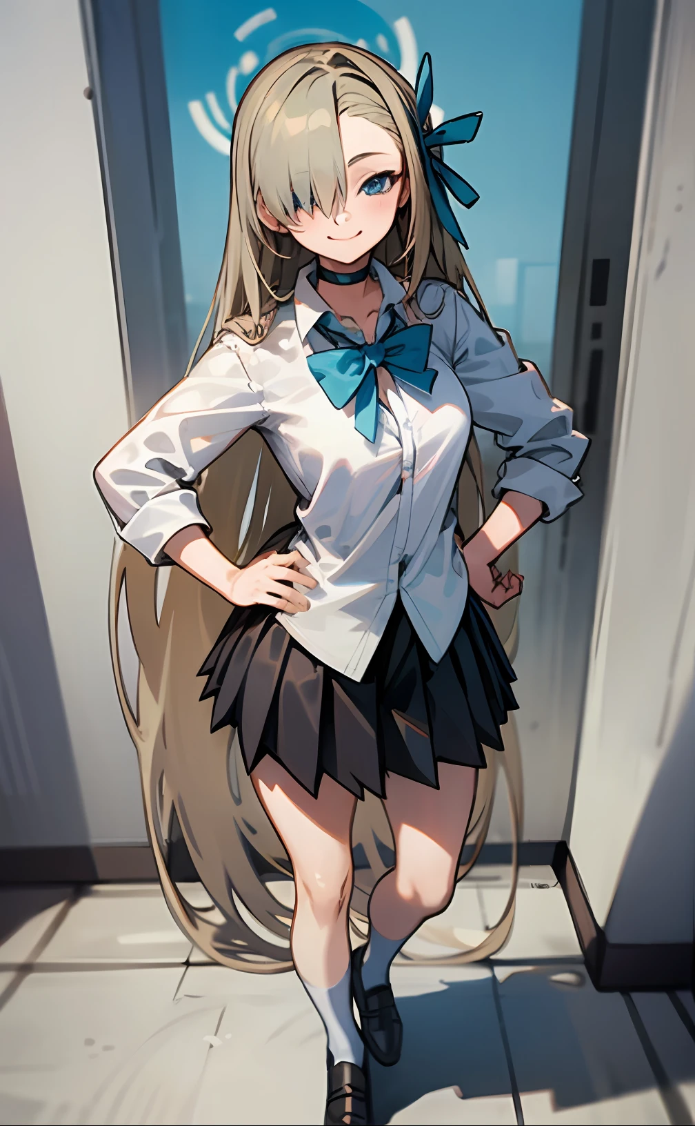 1 girl, Asuna, Blue eyes, Long hair, Hello, hair over one eye Uniform, white shirt, rolled up sleeves, black choker, black skirt, blue bow tie Big, unbuttoned shirt hands on hips, smile, subjective, full body, shoes, very long hair, outdoor