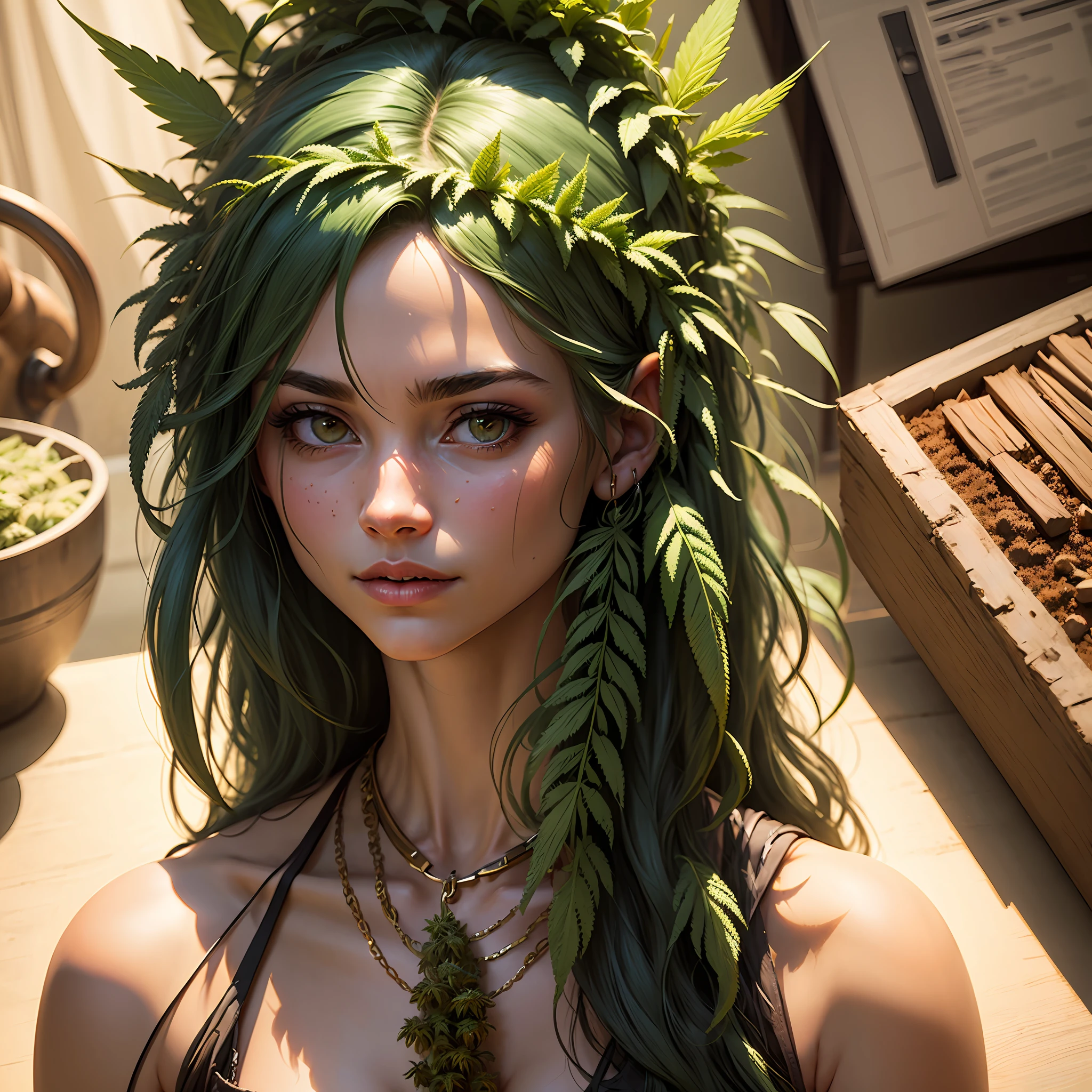"A radiant masterpiece portrait of a hyperreal dryad with cannabis elements." --auto