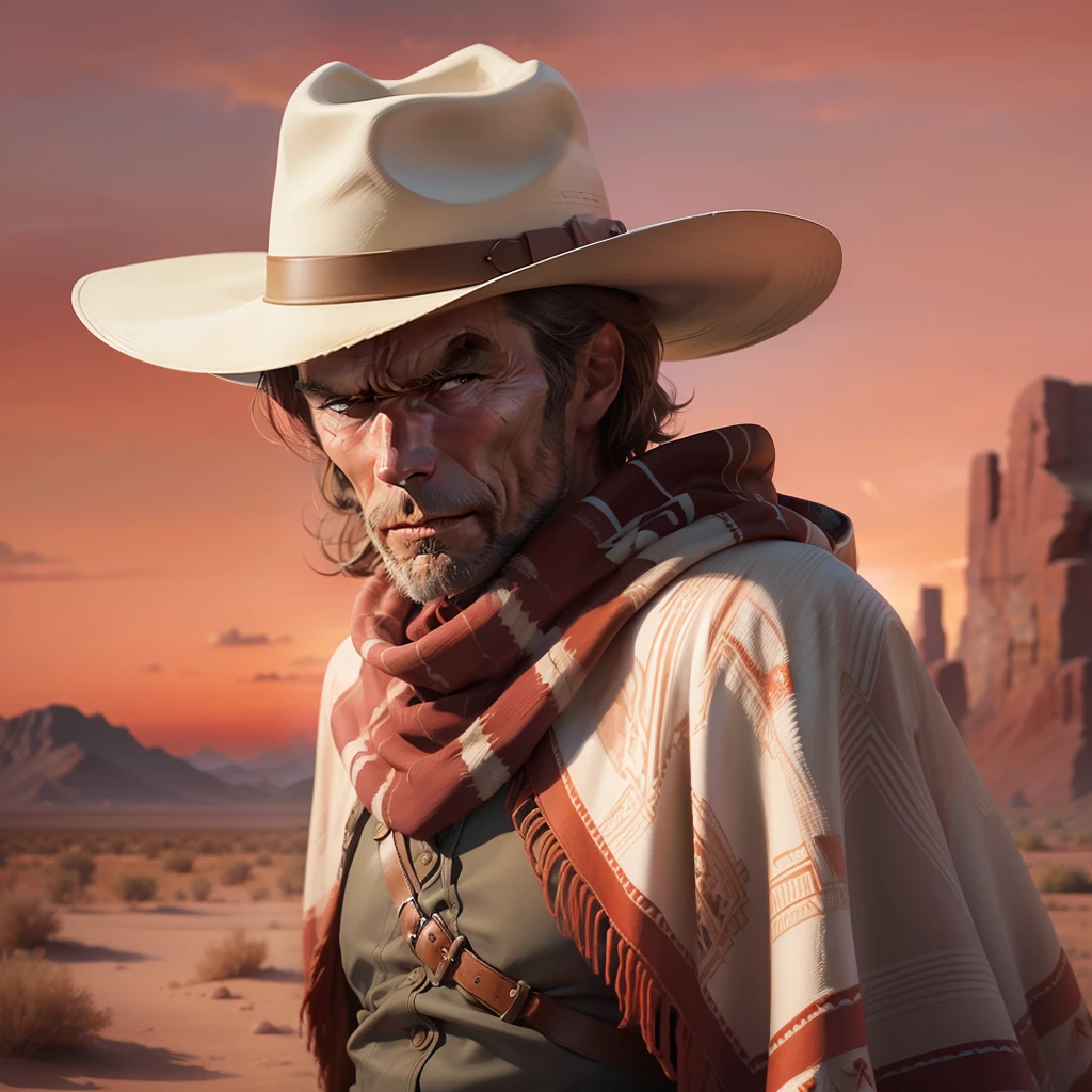 R3DD34Dstyle, digital painting, clint eastwood, cowboy hat, (bright brown poncho:1.3), in the desert, (red sky:1.3)