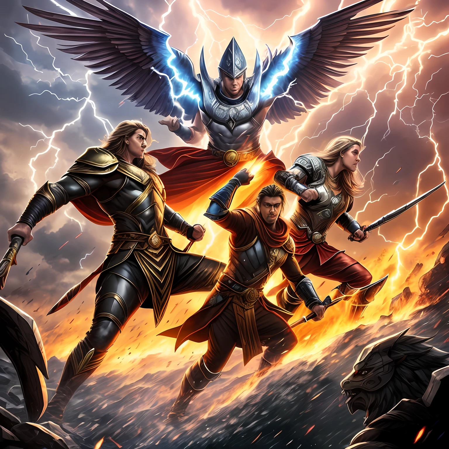 "Imagine an epic battle taking place between the winged celestial gods and the gods of the ancient pantheon of gods, with their superhuman abilities and divine forms turning the battlefield into a stunning visual spectacle, with their mystical weapons, legendary creatures and powerful spells colliding in a display of strength and power, with the heavens opening and divine lightning and storms filling the battlefield,  with the gods of Olympus facing off against the Norse gods in a titanic battle for control of the divine realms, with their mystical weapons, legendary creatures, and powerful spells colliding in a display of strength and power." --auto