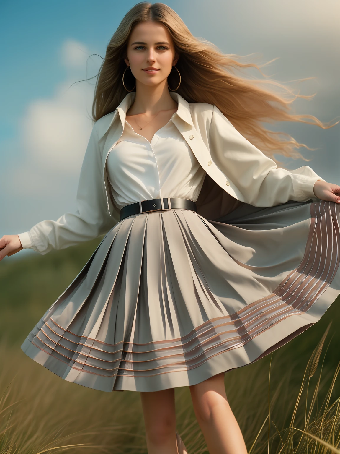 authentic (kind and tender) good woman wearing a short blazer with a very very detailed (long (fully pleated) full circle skirt) and (simple) low heeled office shoes, very very intricate hyper-detailed symmetric (attractive graceful young feminine face) with (sad, tired eyes and shy smile), full of empathy and compassion and love, (pronounced (feminine) features), (highly detailed ultra accurate realistic) hands and fingers, ((windy conditions and wind blowing)), epic composition, highly detailed attributes, highly detailed atmosphere, (35mm f1.4 Kodak portra 400 photograph), extremely high quality RAW photograph, detailed space operation communications background, intricate, Exquisite details and textures,