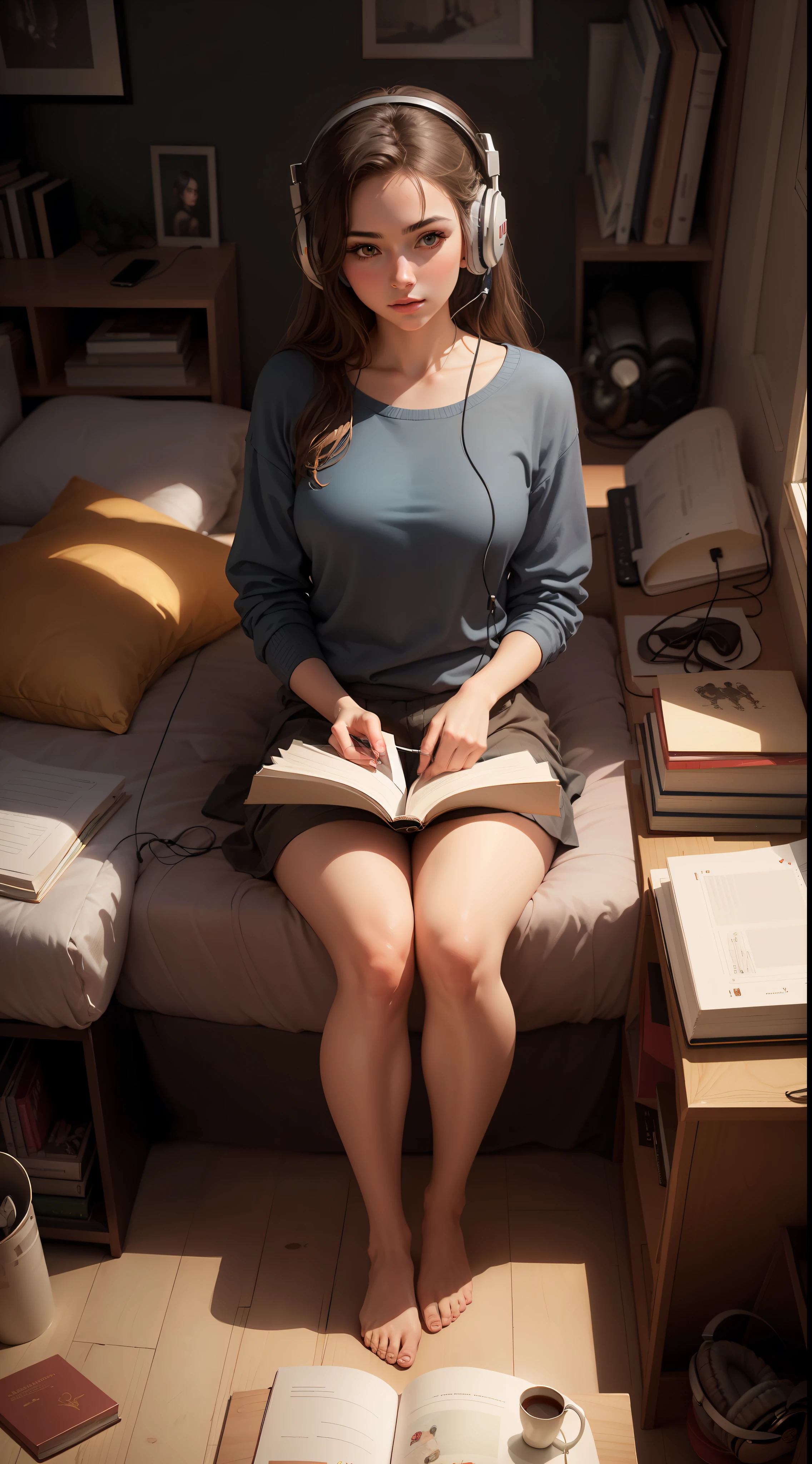 Portrait of beautiful girl, sitting on bed, ((full body)), (headphone), reading book, concept art, (student), pinterest, arts station, art by lou ll