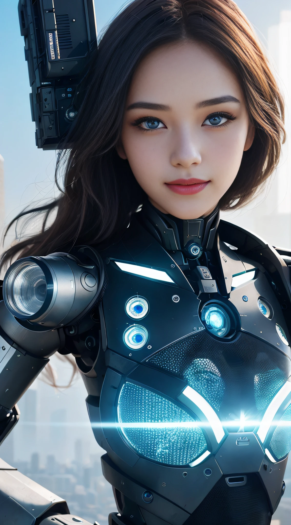 (1girl:1.3), solo, ((very detailed face)))), ((very detailed eyes and face)))), beautiful detail eyes, body parts__, official art, unified 8k wallpaper, super detailed, beautiful and beautiful, beautiful, masterpiece, best quality, original, masterpiece, super fine photo, best quality, super high resolution, realistic realism, sunlight, full body portrait, amazing beauty, sexy pose, delicate face, vibrant eyes, (from the front), futuristic robot woman, human-machine fusion, tech fashion, exotic background, intense light and shadow, complex lines, mechanical elements, eye-catching, noble and mysterious, robotic arm decoration, smile confusion, machine tattoo, glass transparent material, dazzling eyes, high-tech clothing, unique look, futuristic city background, digital projection, technological aura, superpower symbol, dancing posture, charming aura, futuristic charm, mechanical age, highly detailed skin, realistic skin details, visible pores, clear focus, 8k uhd, DSLR camera, high quality, film grain, fair skin, photo realism, lomography, a huge metropolis of future dystopia,