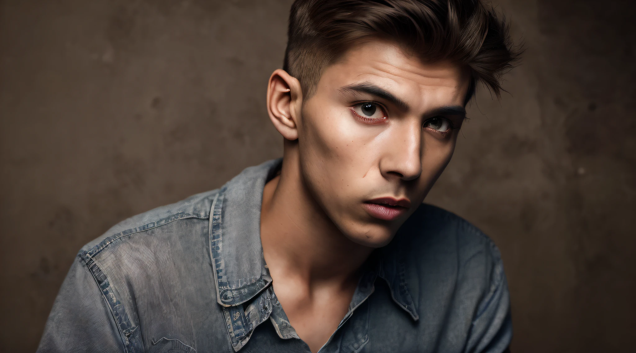 A man, young, 17 years brown, scared, surprised, old clothes, with piercing eyes, detailed face, high details, photography, dark studio, rim light, Nikon D850, 50mm, f/1.4 --auto
