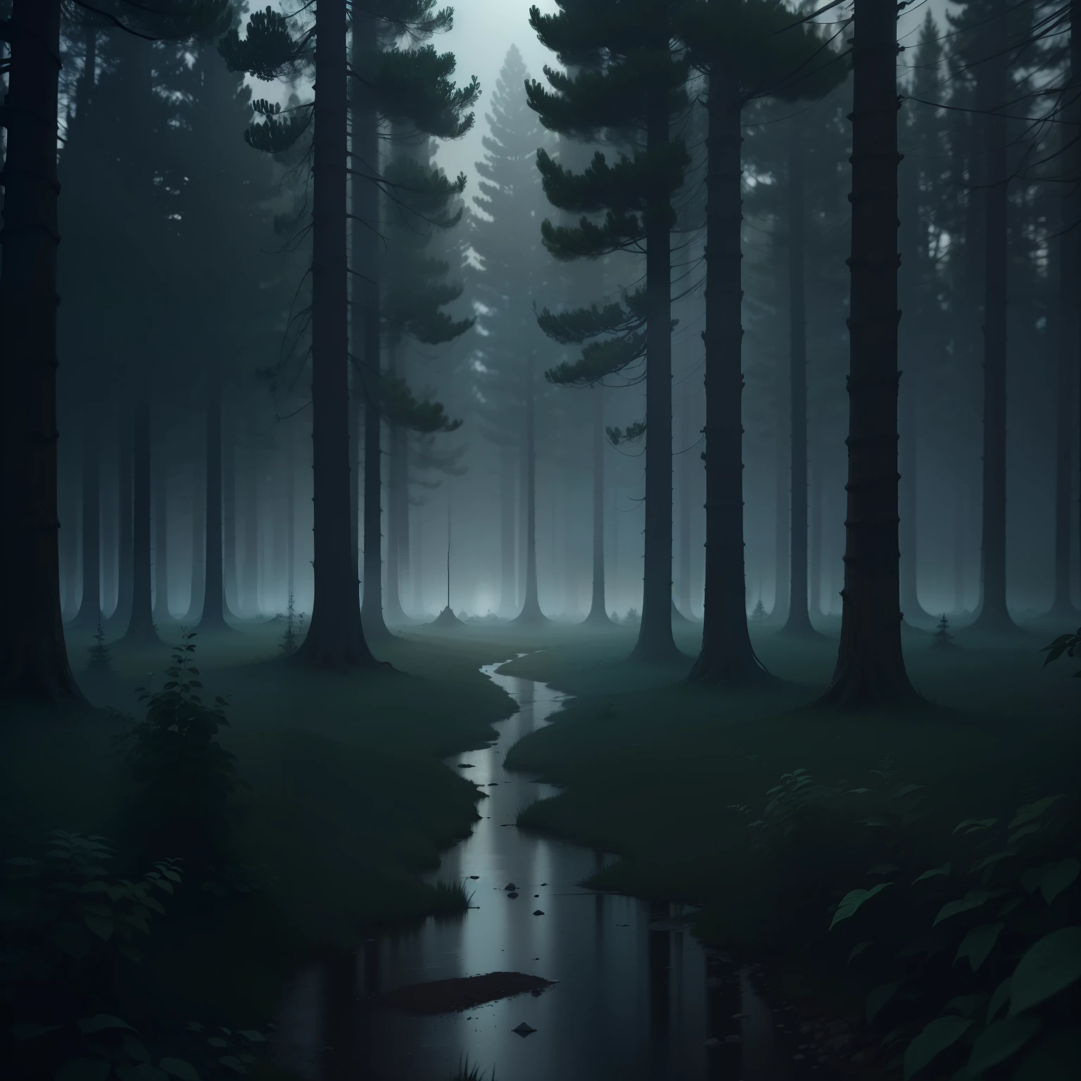terror, forest, night, fog, dense light, dirt floor, (cinematic, 8k, realism)