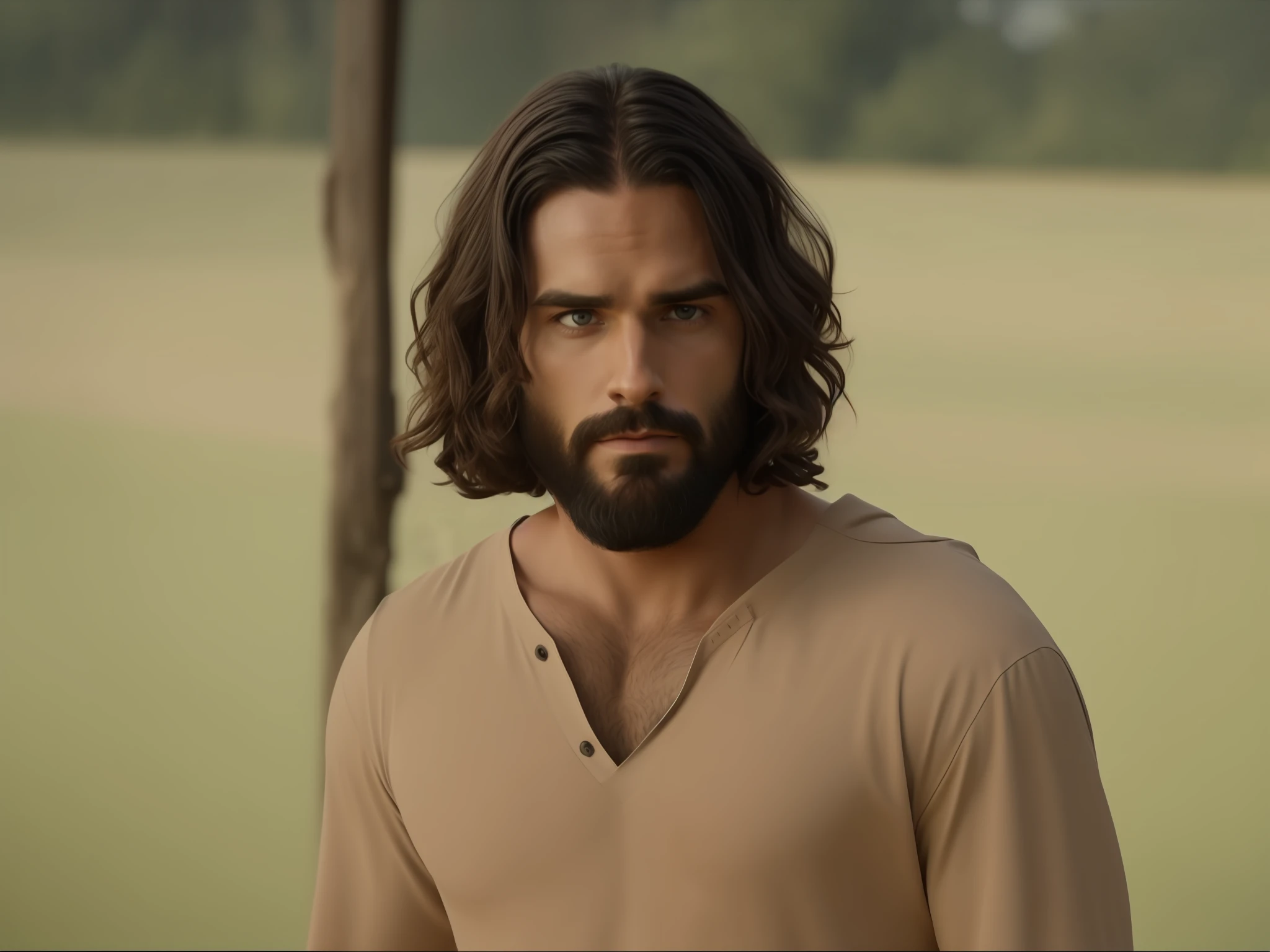 Seth Rollins as Jesus Christ, long hair, similar to seth rollins, wearing tunic, realistic image, best quality, 8k, focus on details.