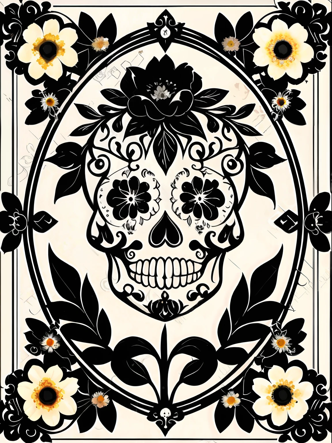 (Best Quality), (Masterpiece), (Ultra Detailed), (High Detail), (Extremely Detailed), Sugar Skull + Black & White Ink + Detailed Texture + Magic + Symmetry + Bouquet of Flowers + Flowers + Vines + Detailed Ink Illustration + Renaissance Symbols + Tarot Card with Ornate Border Frame + Dark Atmosphere + Flowers + White, Vector, Black & White Background, Colorless Page, 8k